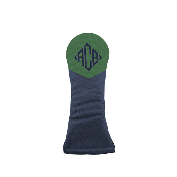 Sage green hybrid headcover featuring Diamond 32 monogram stitched in dark navy and indigo thread