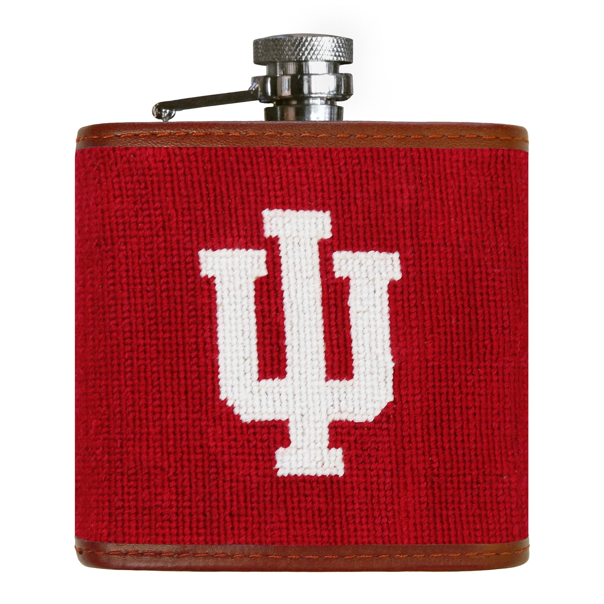 Indiana flask with crimson and cream needlepoint Indiana logo.