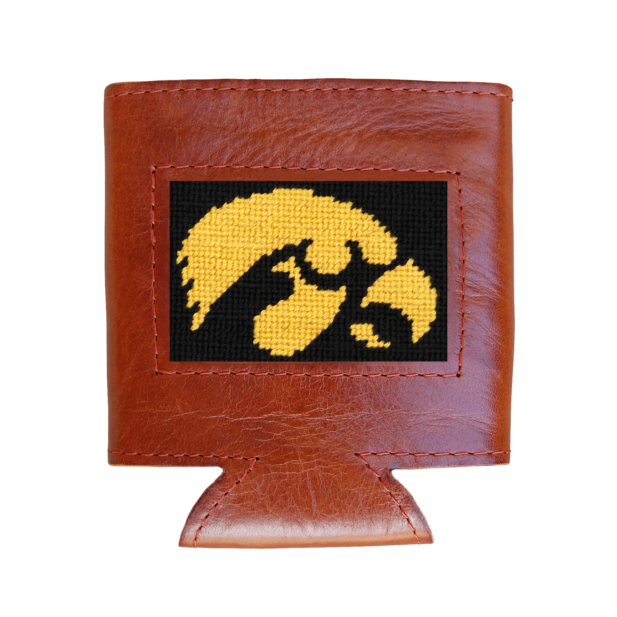 Brown leather can cooler with a yellow and black logo on a white background