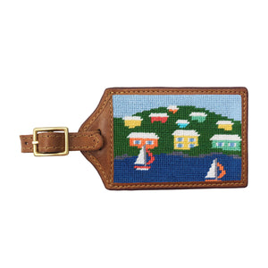 Multi-colored needlepoint luggage tag featuring a tropical “Island Time” design, brown leather trim, and an ID window on the back.