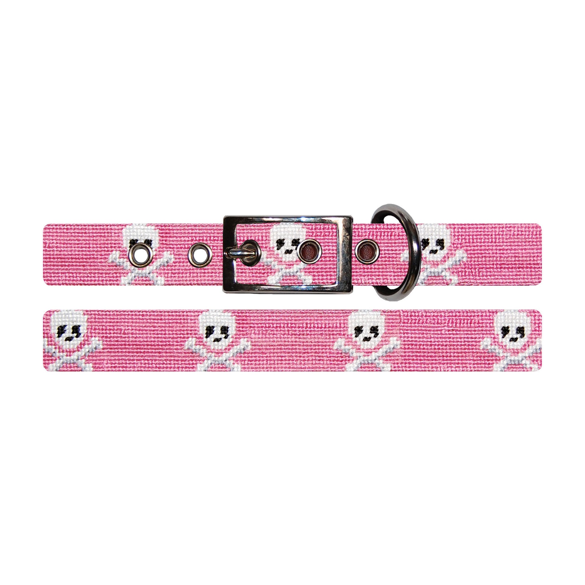 Shows the full length of the collar with detailed needlepoint design and metal buckle.