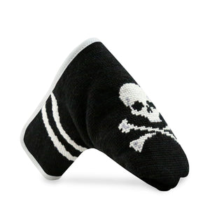 side view of needlepoint Jolly Roger Putter Headcover (Black - White Diagonal Stripes)