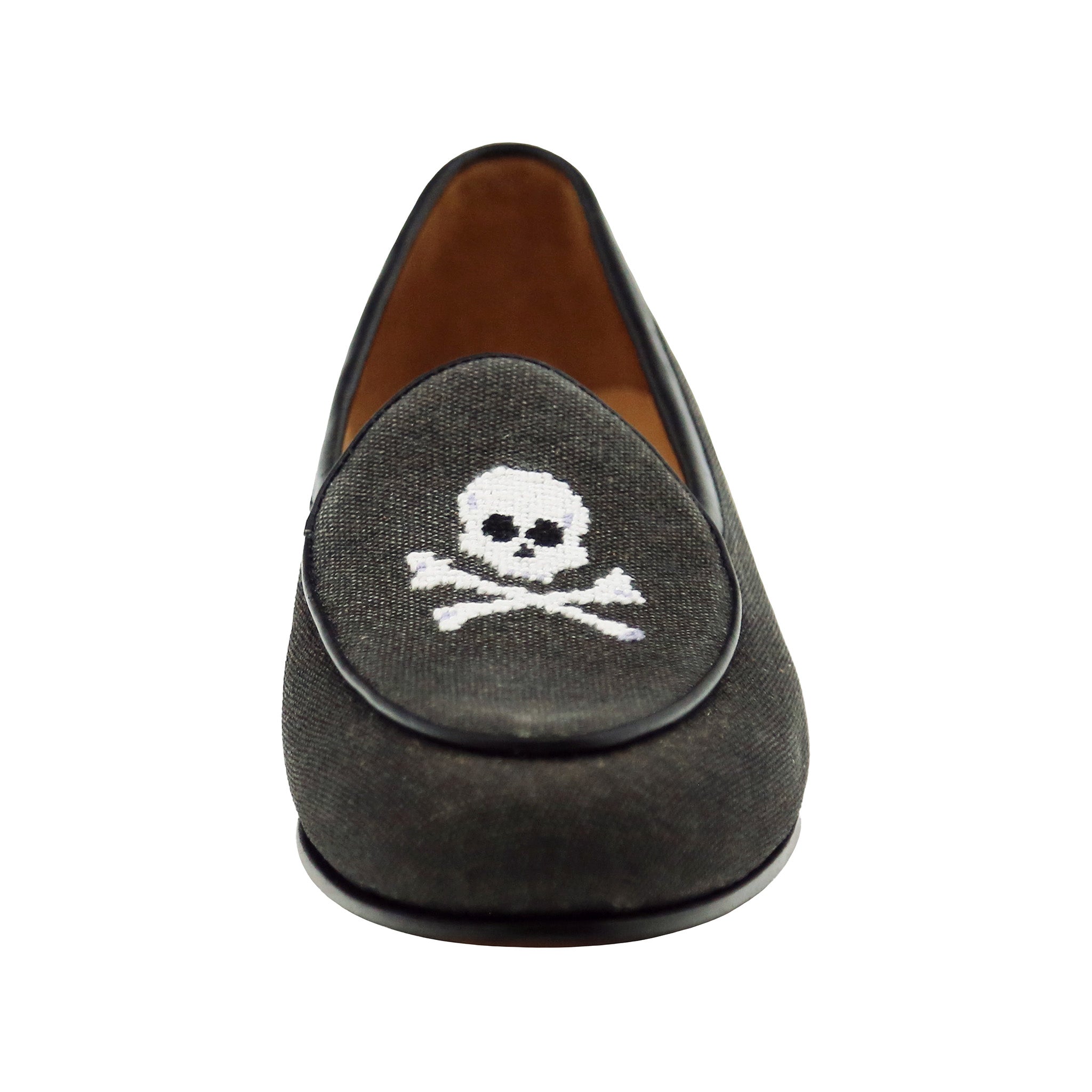 Front view of the charcoal canvas men’s Belgian loafer showing detailed stitching and leather trim.