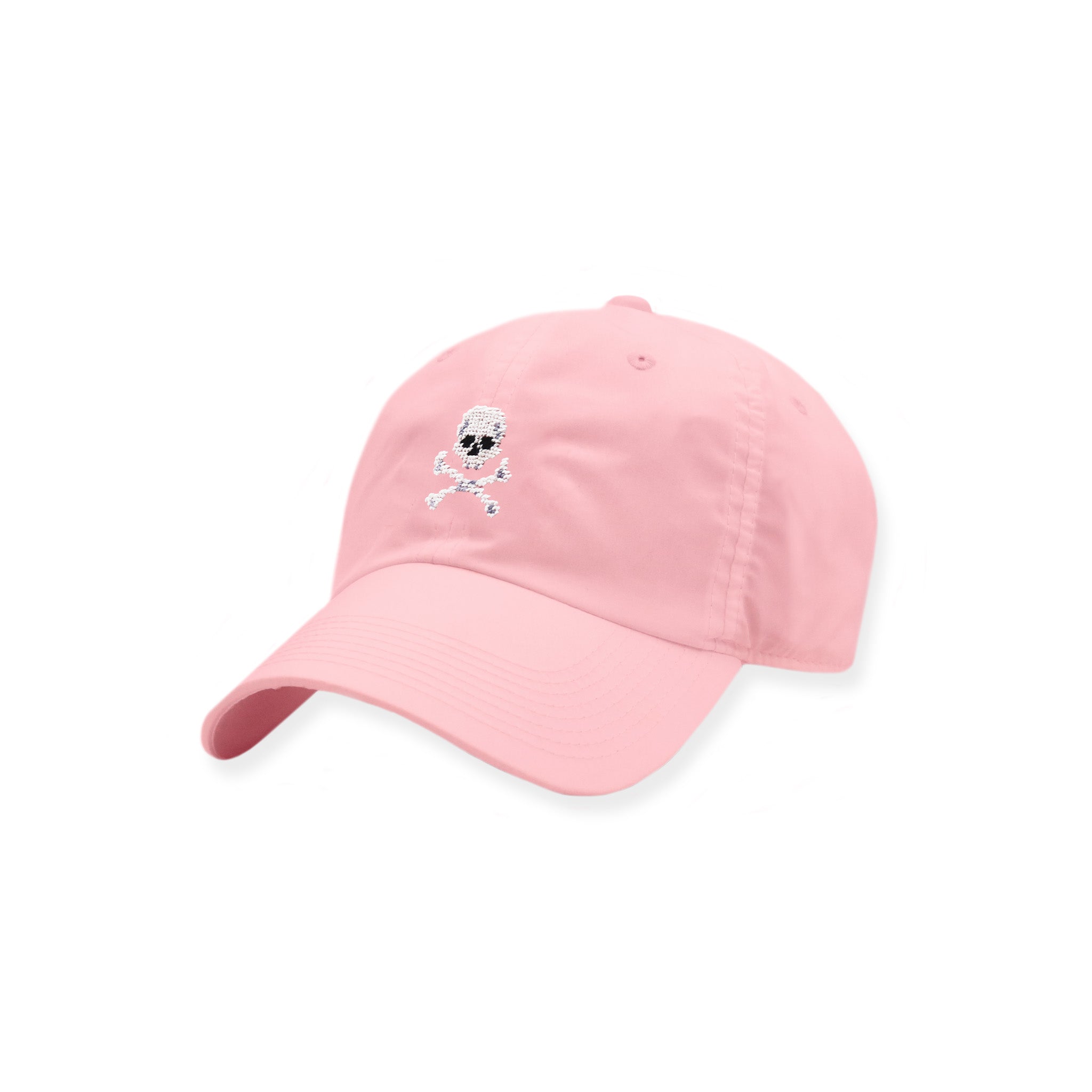 Jolly Roger needlepoint design on the front of a cherry blossom six-panel cotton hat.