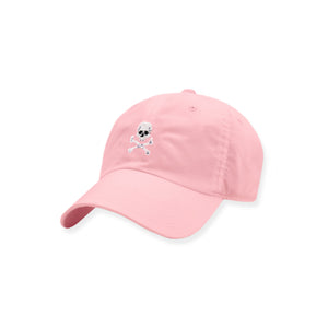 Jolly Roger needlepoint design on the front of a cherry blossom six-panel cotton hat.