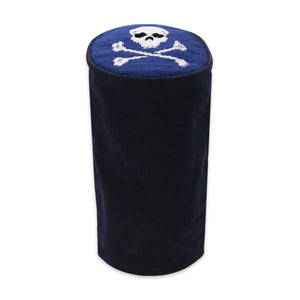 Wax canva cylinder headcover with needlepoint top featuring skull and cross bone design