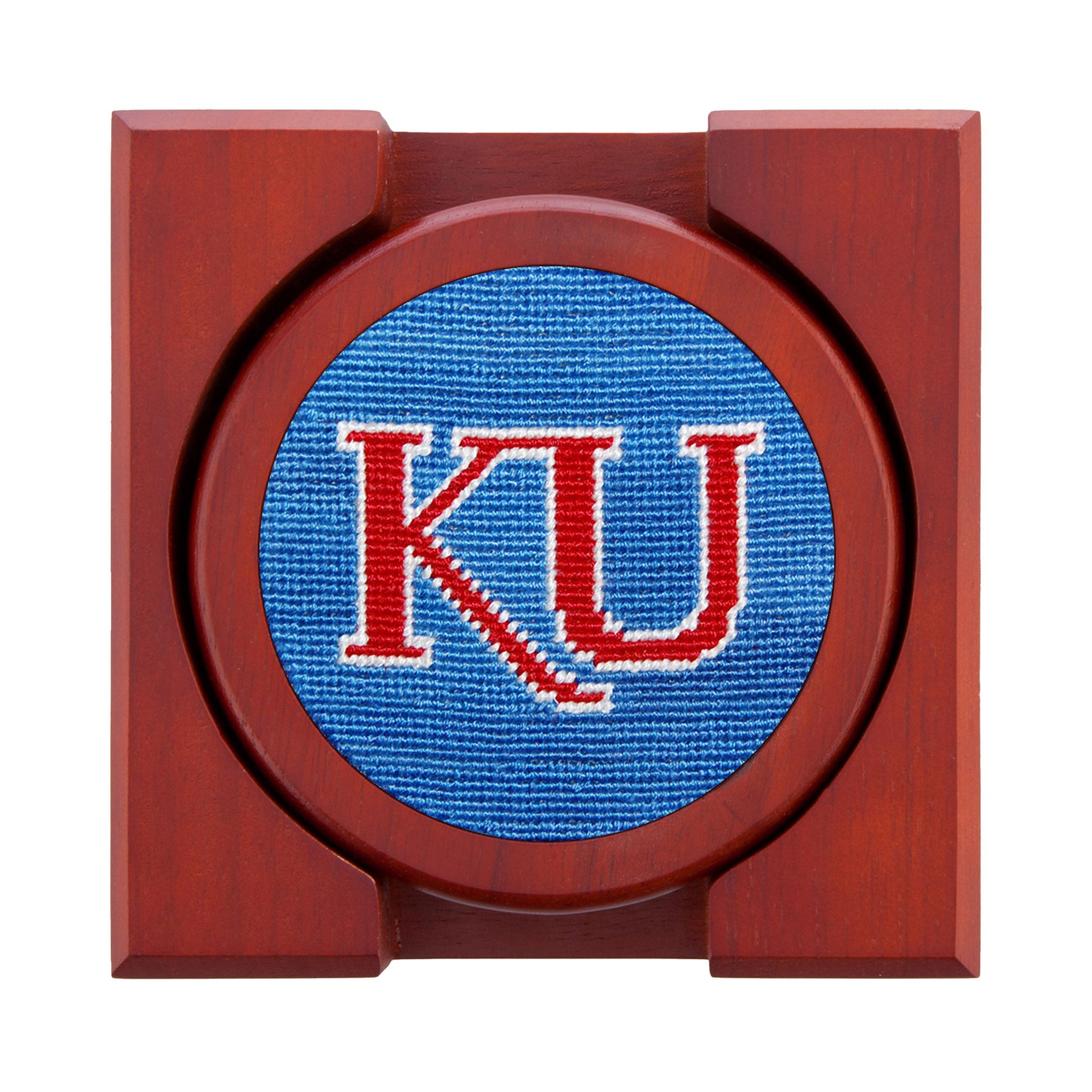 Kansas-themed needlepoint coaster set with the Jayhawk on one and coordinating blue and red patterns, backed with chestnut wood.