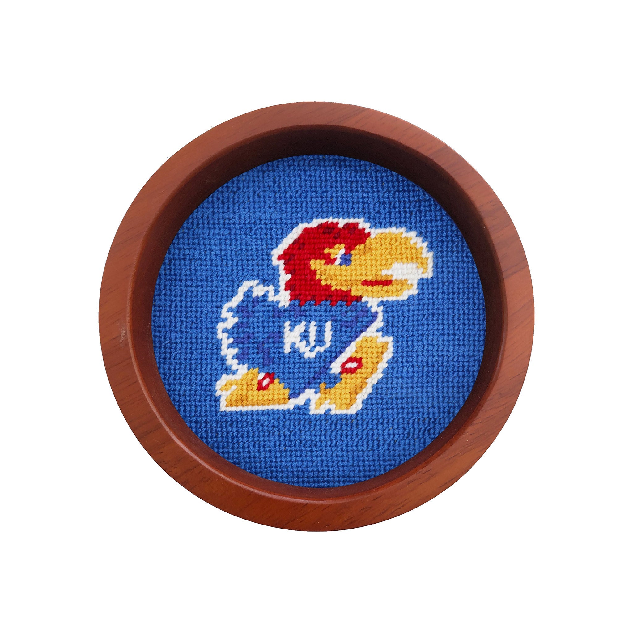 Round wooden wine bottle coaster featuring the LSU logo stitched in needlepoint.