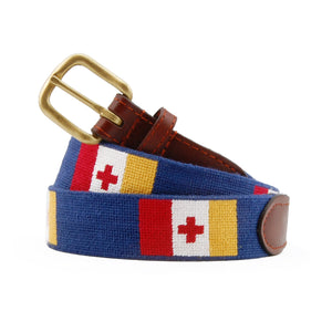 Kappa Alpha Order Needlepoint Belt coiled, with brown leather trim and a brass buckle