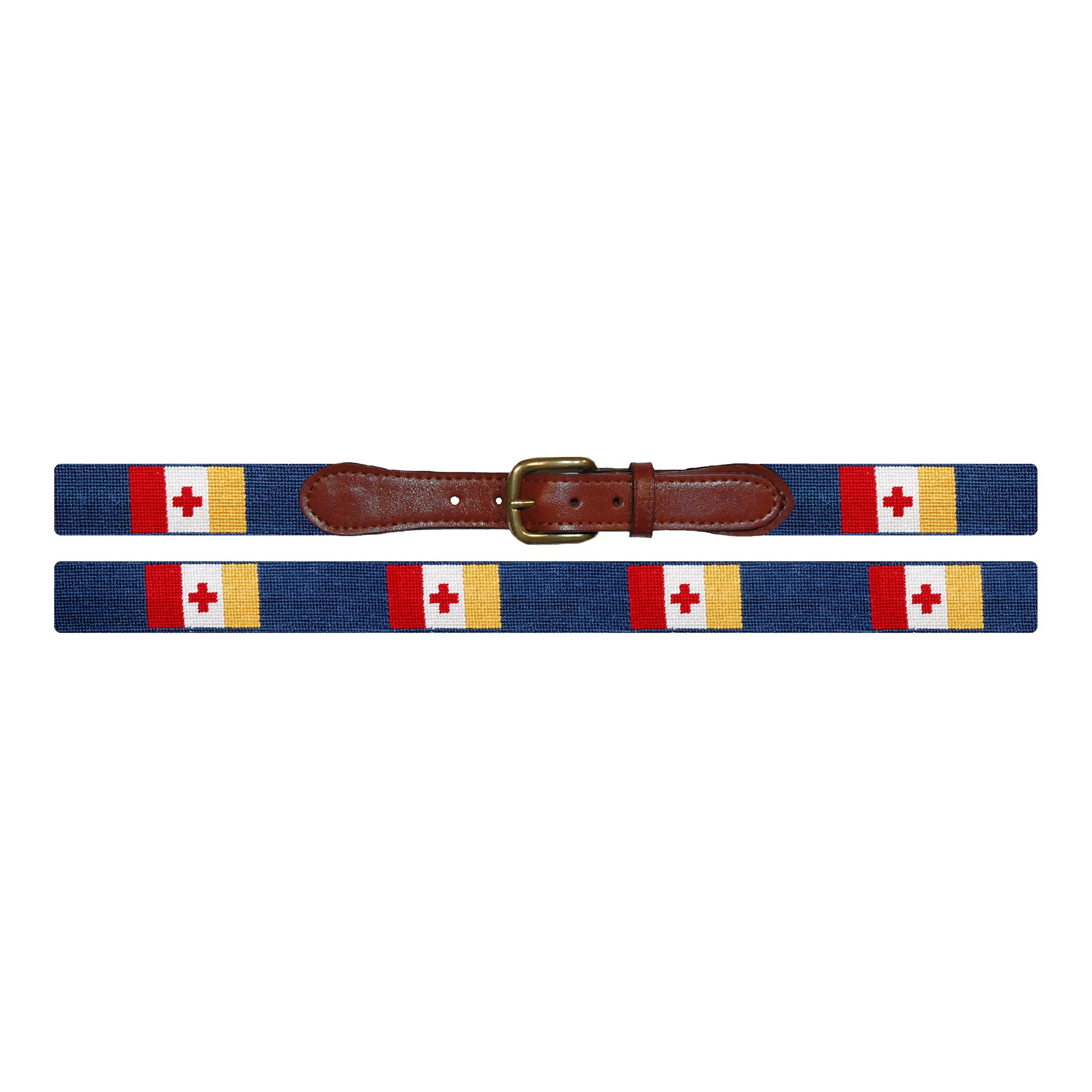 Flat view of Needlepoint Kappa Alpha Order Belt with brown leather trim and a brass buckle
