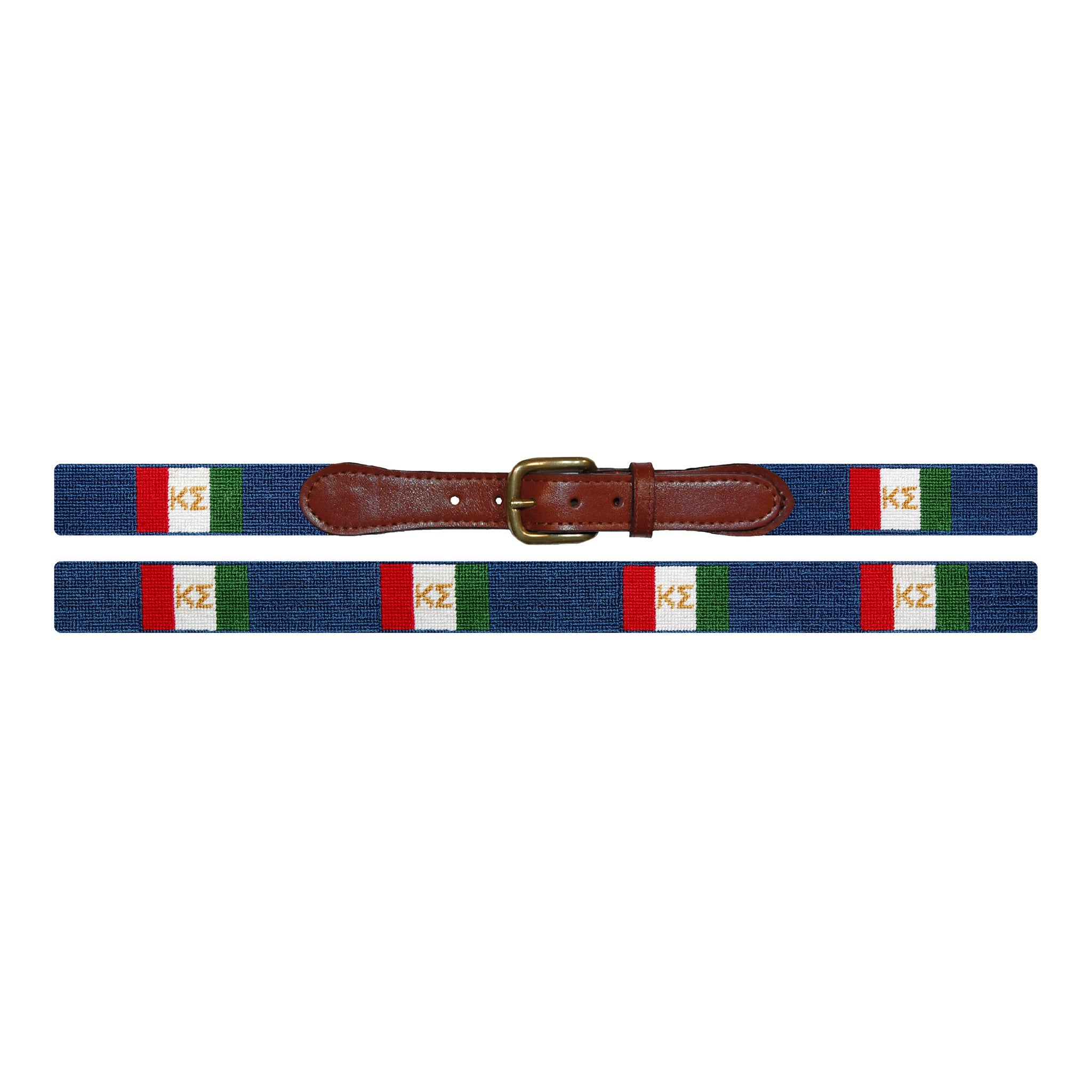 Flat view of Needlepoint Kappa Sigma Belt with brown leather trim and a brass buckle
