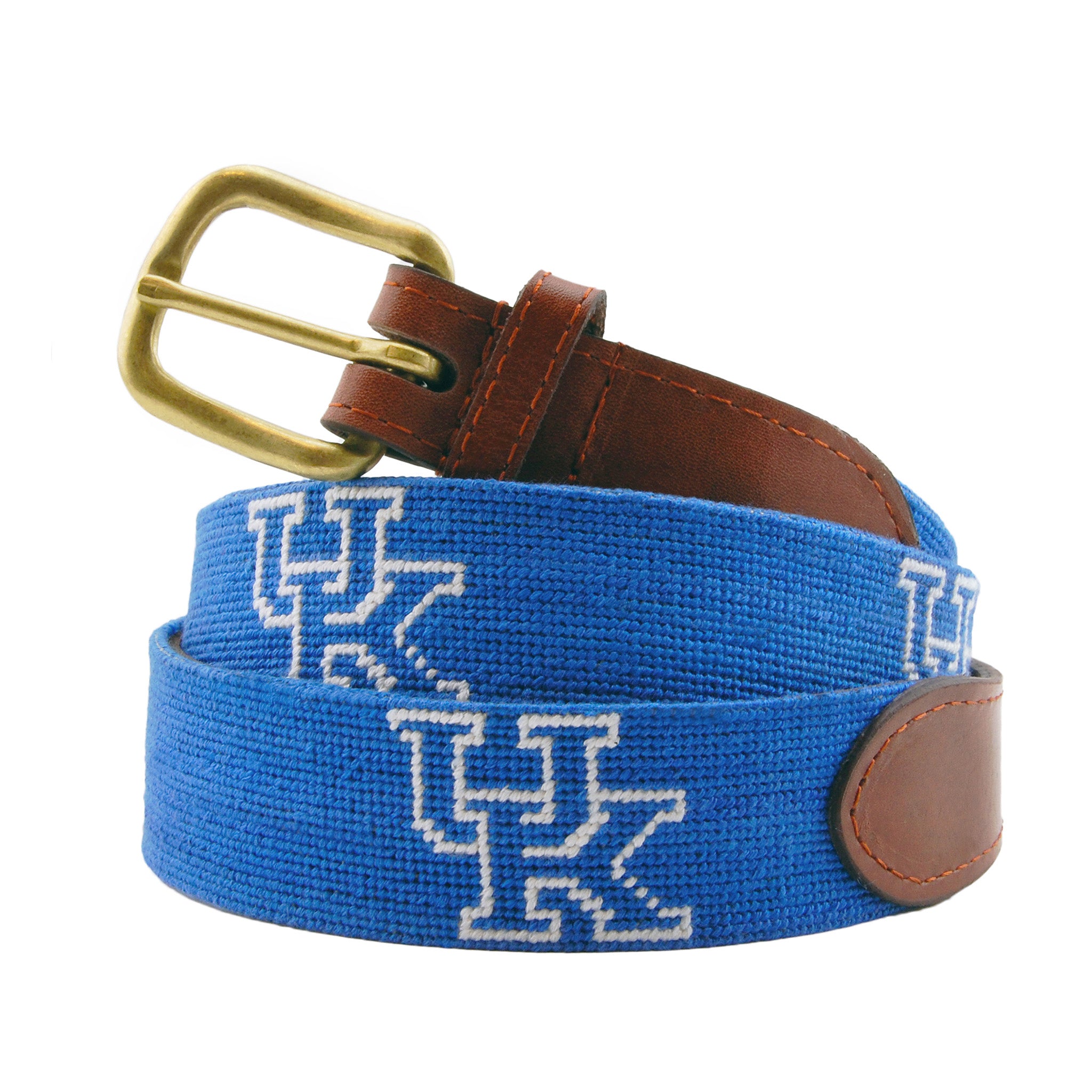 Monogrammed Kentucky Needlepoint Belt Blue coiled, with brown leather trim and a brass buckle