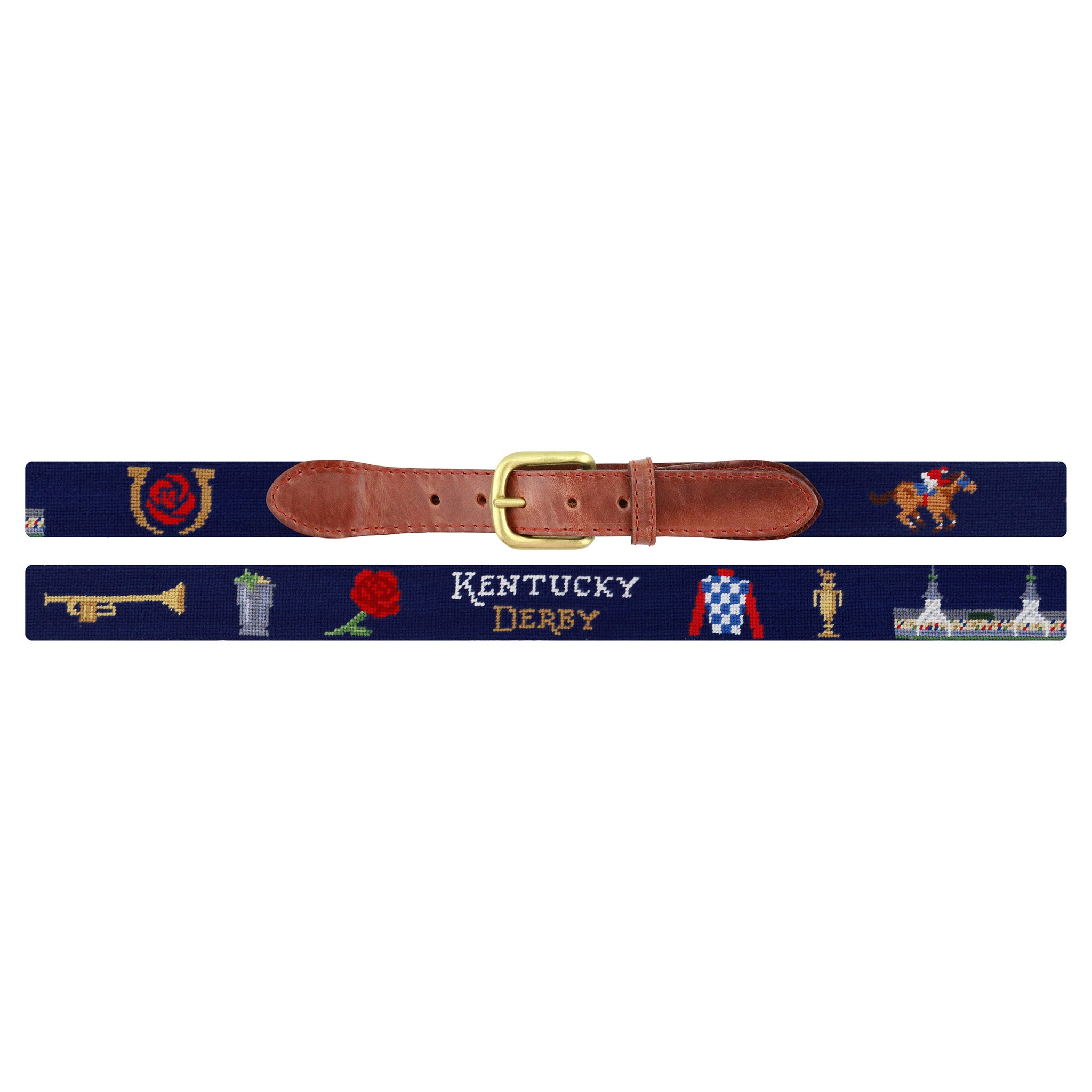 Flat view of Needlepoint Monogrammed Kentucky Derby Life Belt with brown leather trim and a brass buckle
