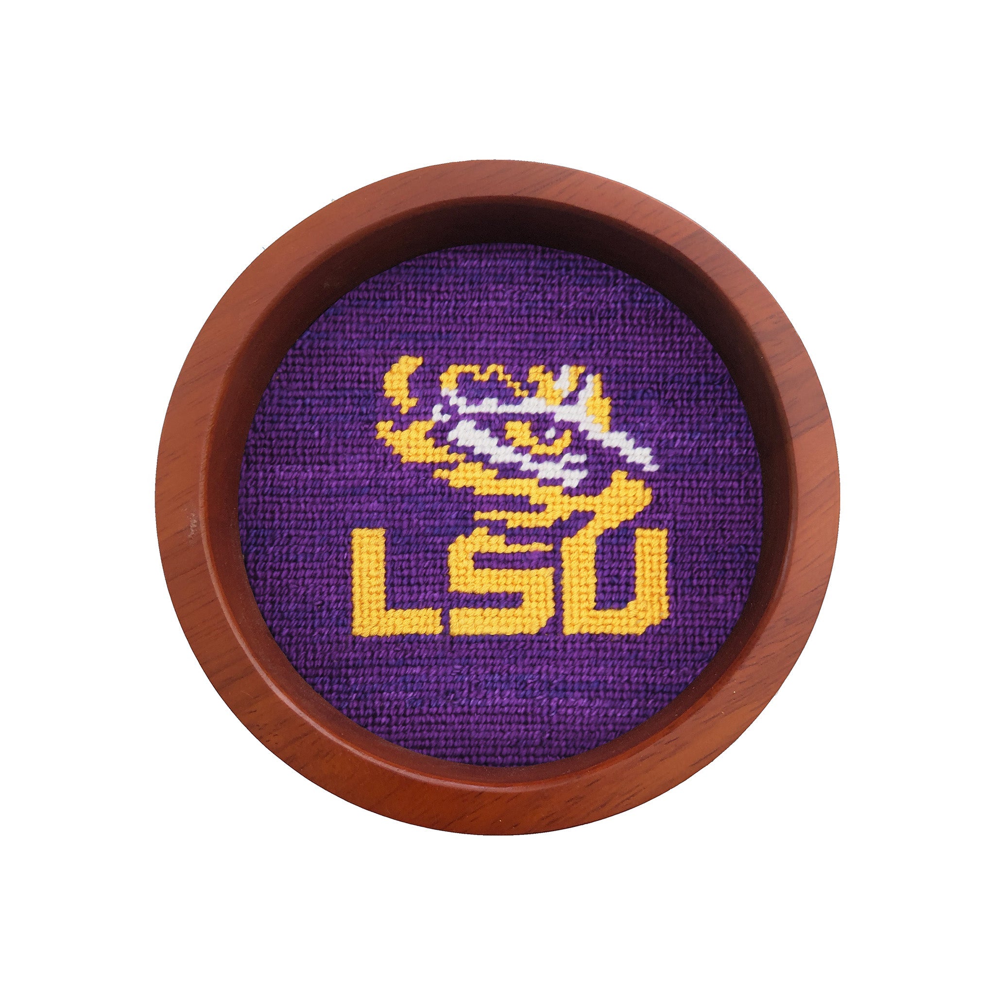 Round wooden wine bottle coaster featuring the Michigan logo stitched in needlepoint.