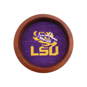 Round wooden wine bottle coaster featuring the Michigan logo stitched in needlepoint.