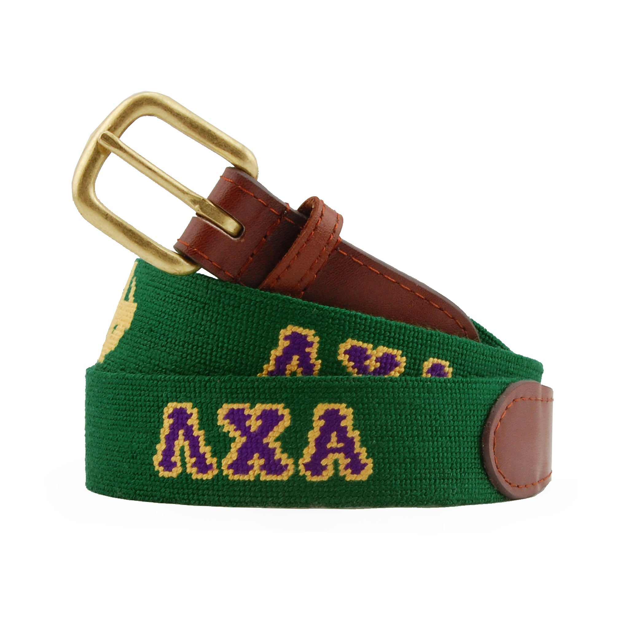 Lambda Chi Alpha Needlepoint Belt coiled, with brown leather trim and a brass buckle