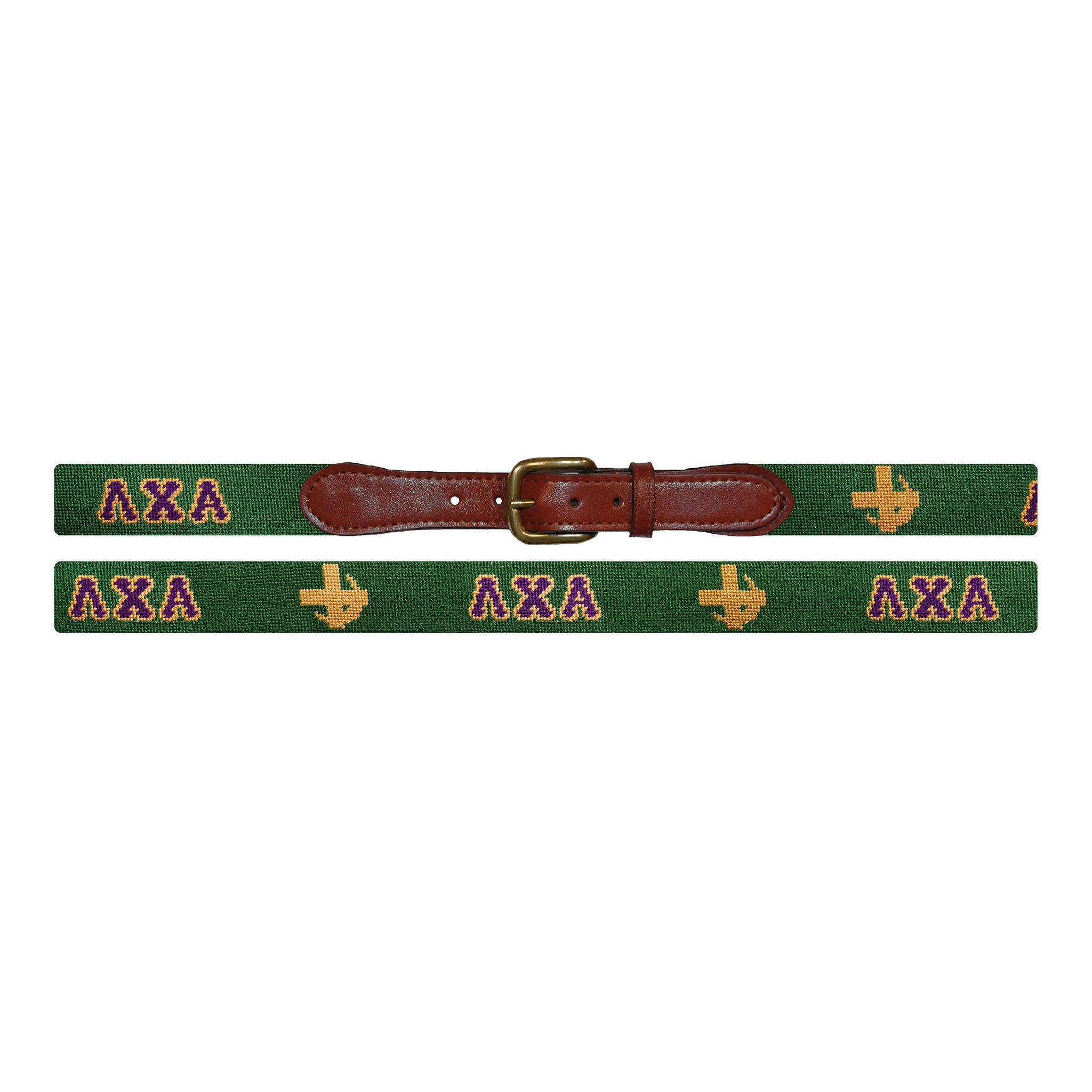 Flat view of Needlepoint Lambda Chi Alpha Belt with brown leather trim and a brass buckle