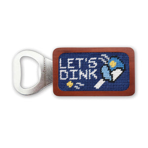 "Let's Dink" classic navy bottle opener featuring bold text, designed for easy bottle opening.