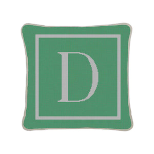 Letter "D" pillow stitch out in mint and white, showcasing a clean and elegant design.