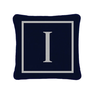 Letter "I" pillow stitch out in dark navy and white, showcasing a clean and elegant design.