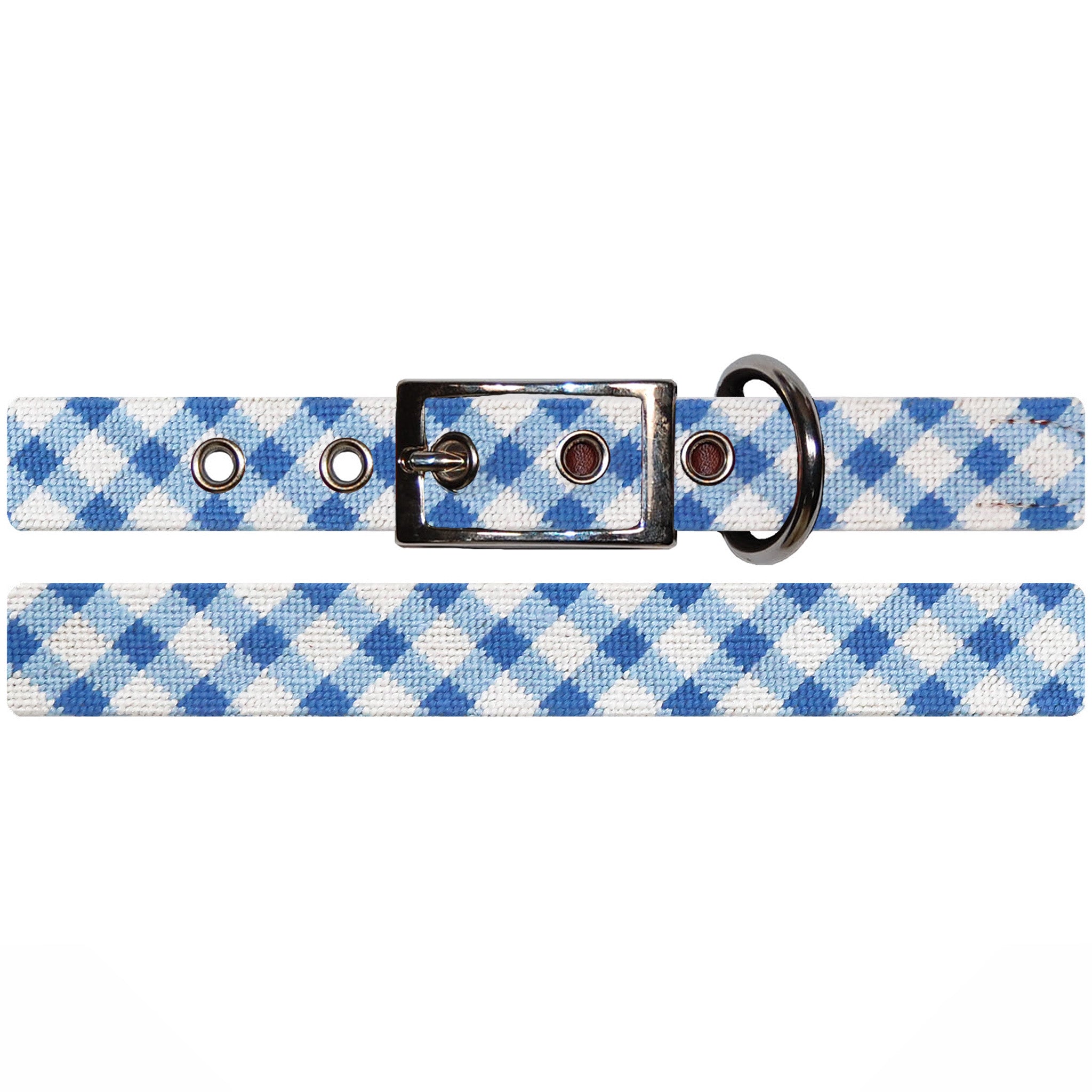 Shows the full length of the collar with detailed needlepoint design and metal buckle.