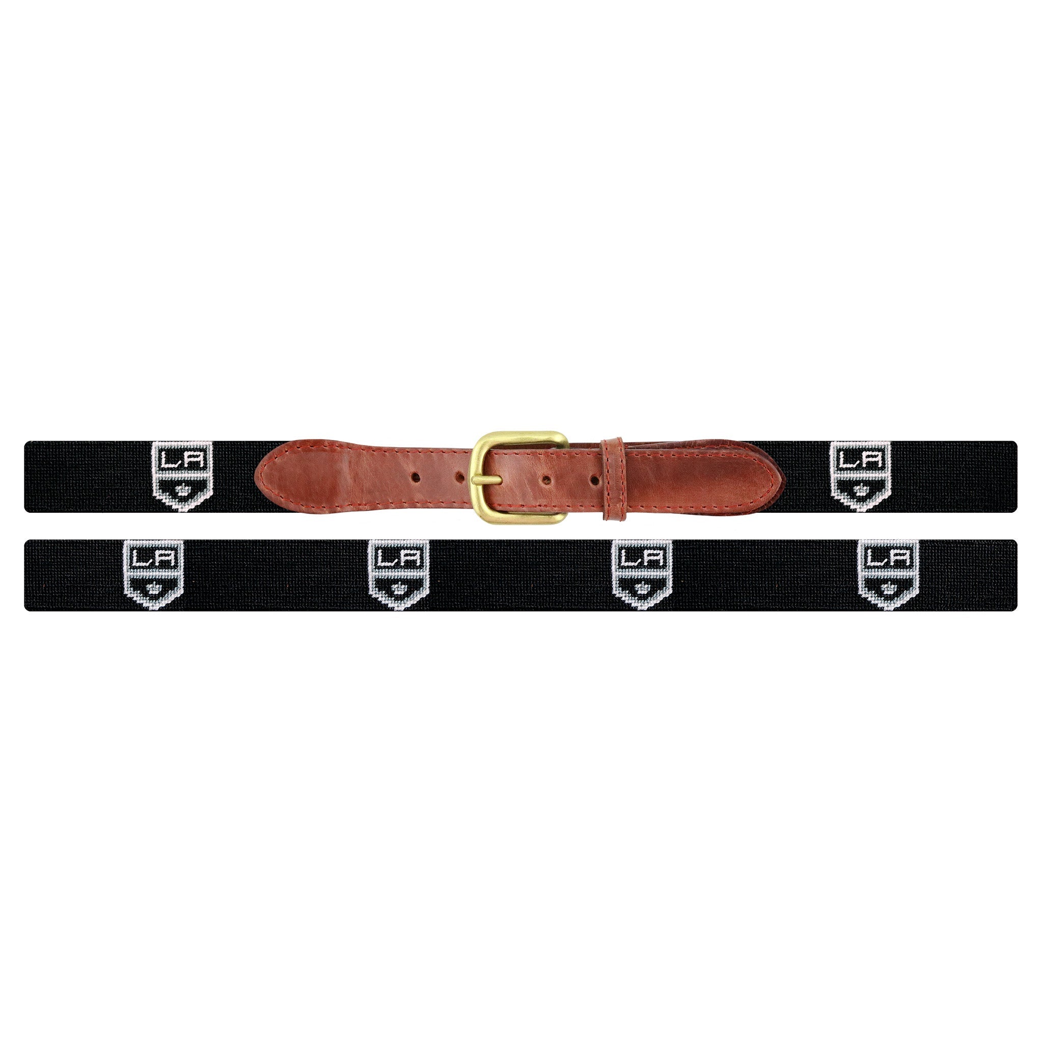 Flat view of Needlepoint LA Kings Belt Black Final Sale with brown leather trim and a brass buckle