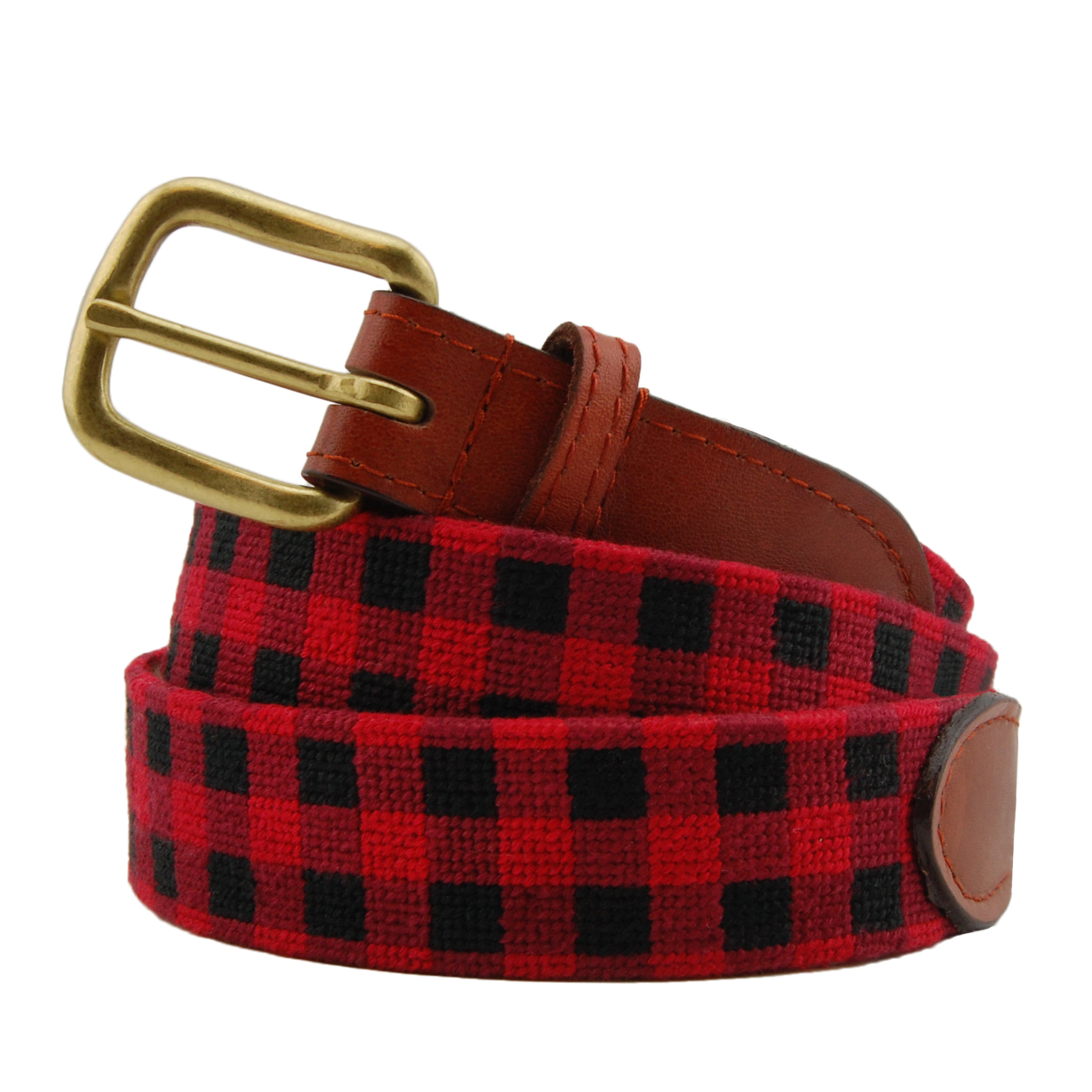 Red and black plaid belt with a brass buckle on a white background