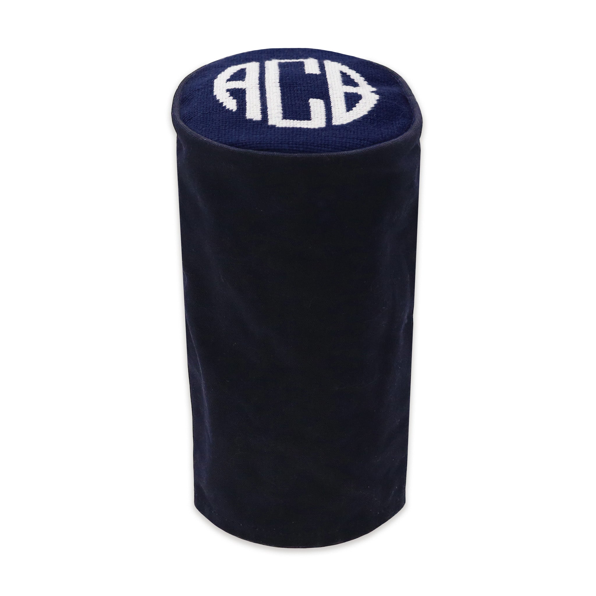 Monogrammed wax canvas cylinder headcover with needlepoint top