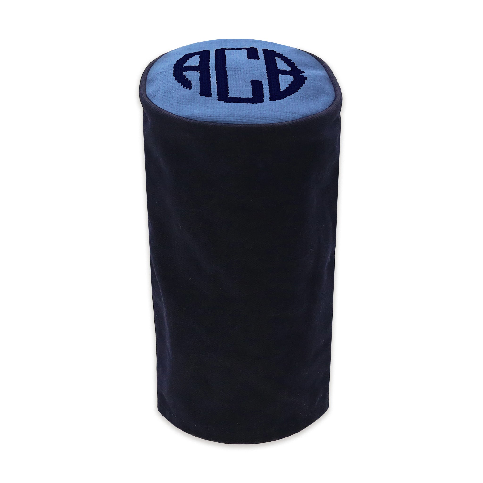 Monogrammed wax canvas cylinder headcover with needlepoint top