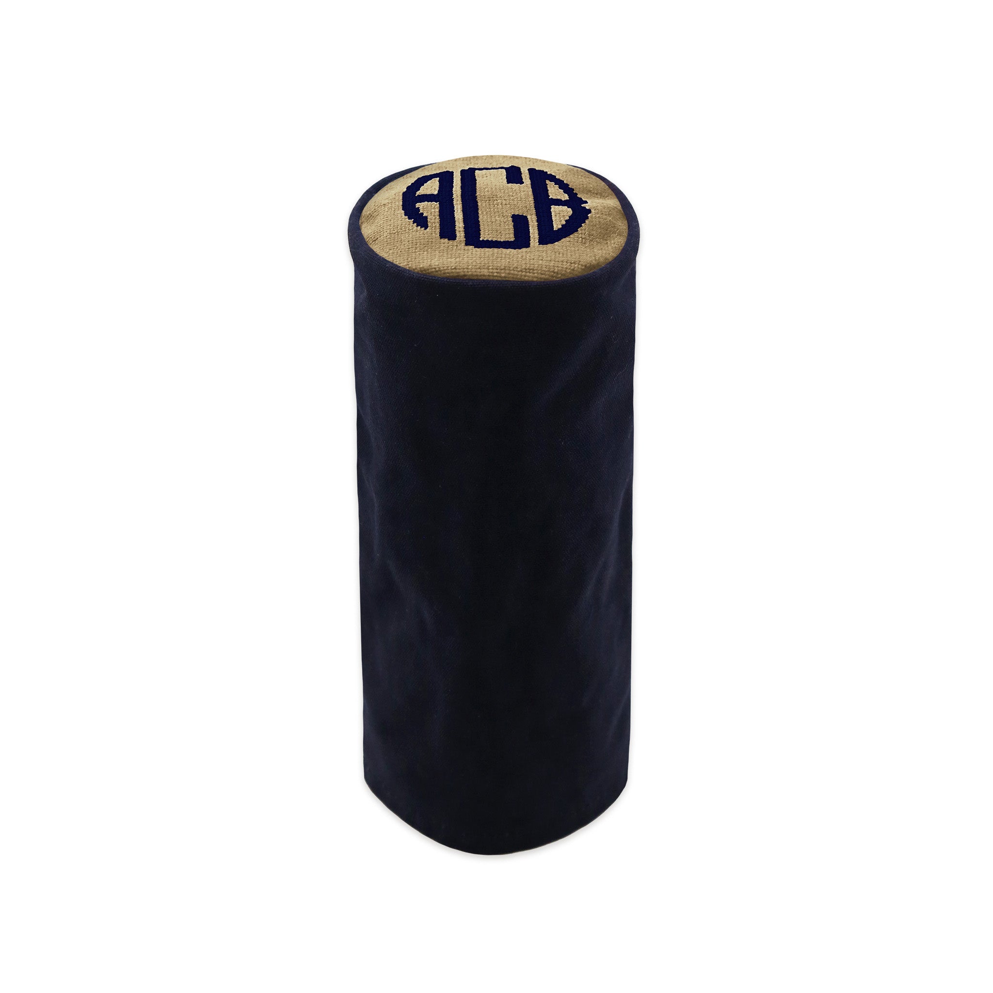 Monogrammed wax canvas cylinder headcover with needlepoint top