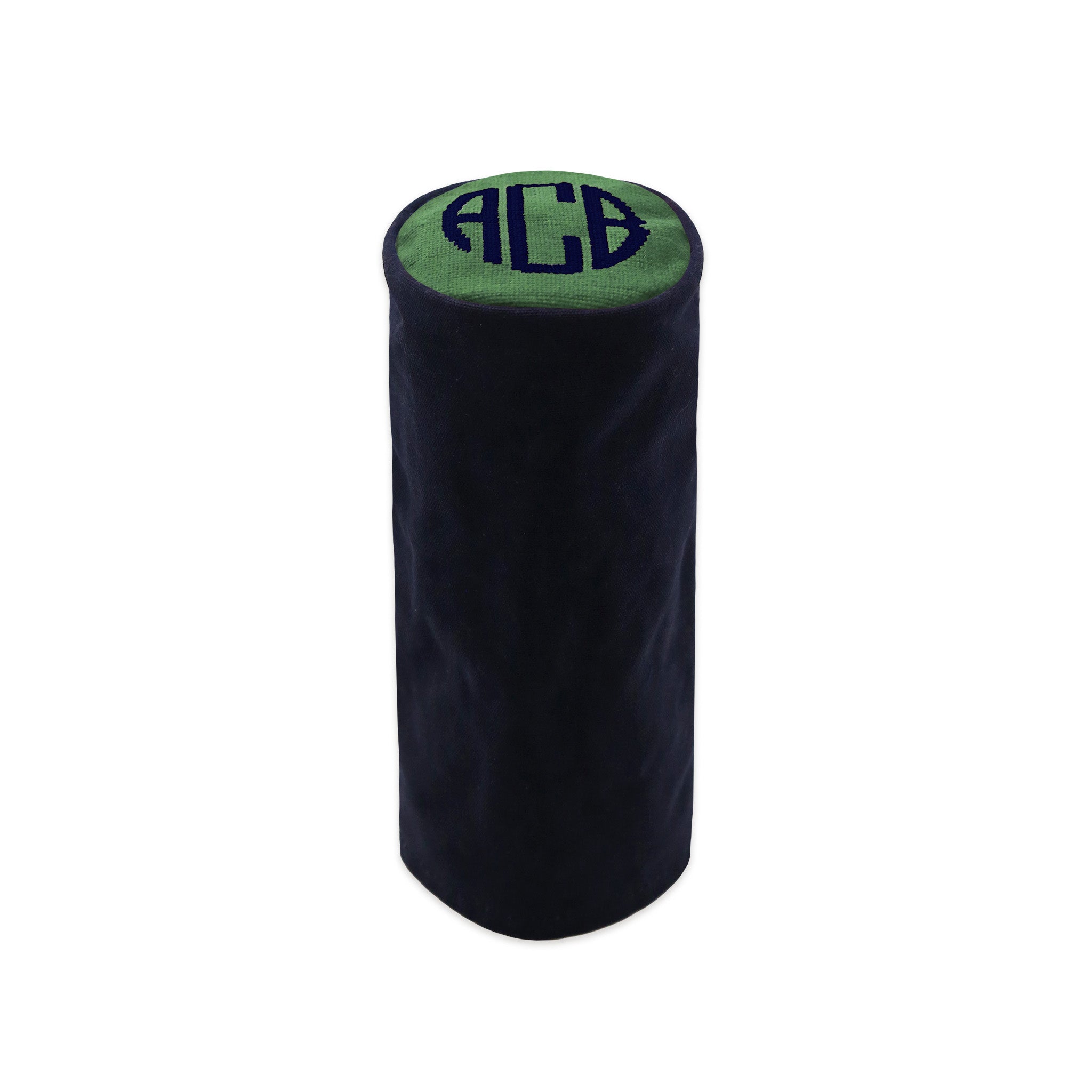 Monogrammed wax canvas cylinder headcover with needlepoint top