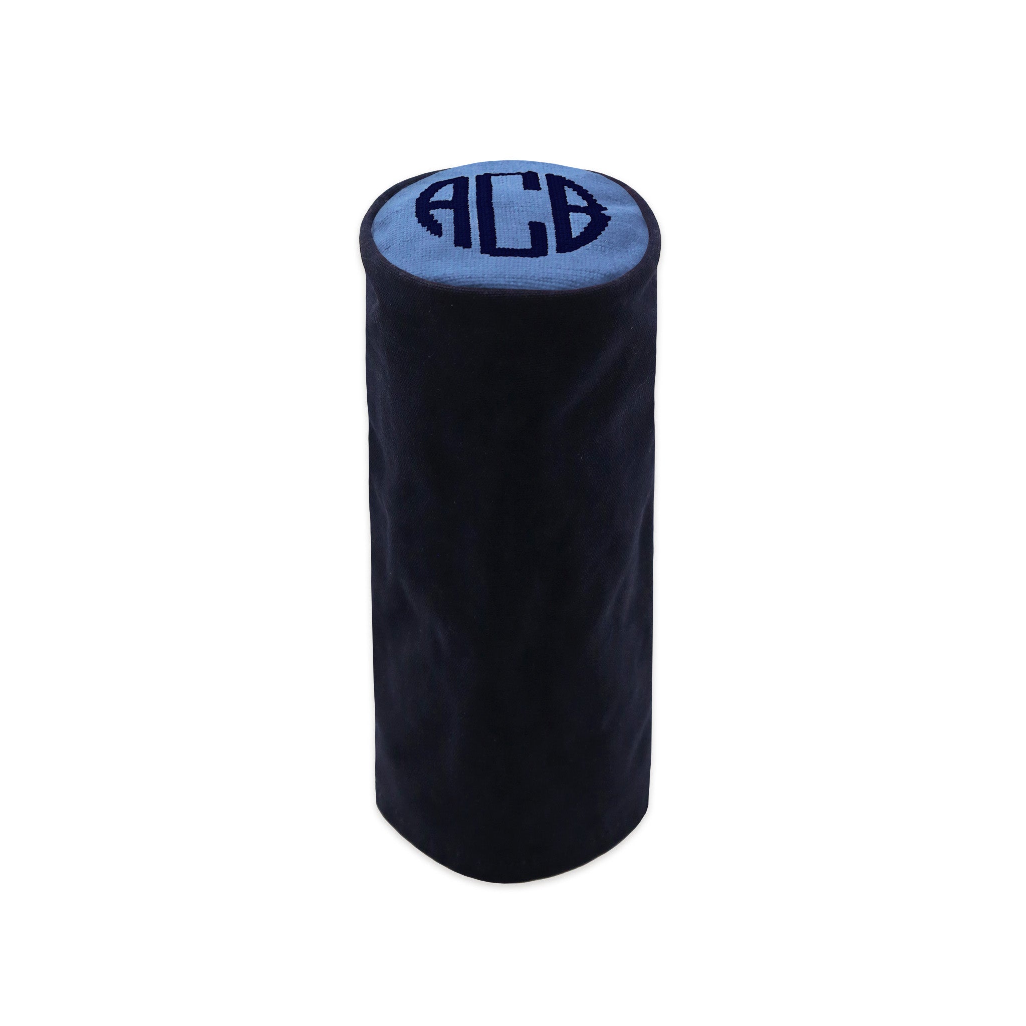 Monogrammed wax canvas cylinder headcover with needlepoint top