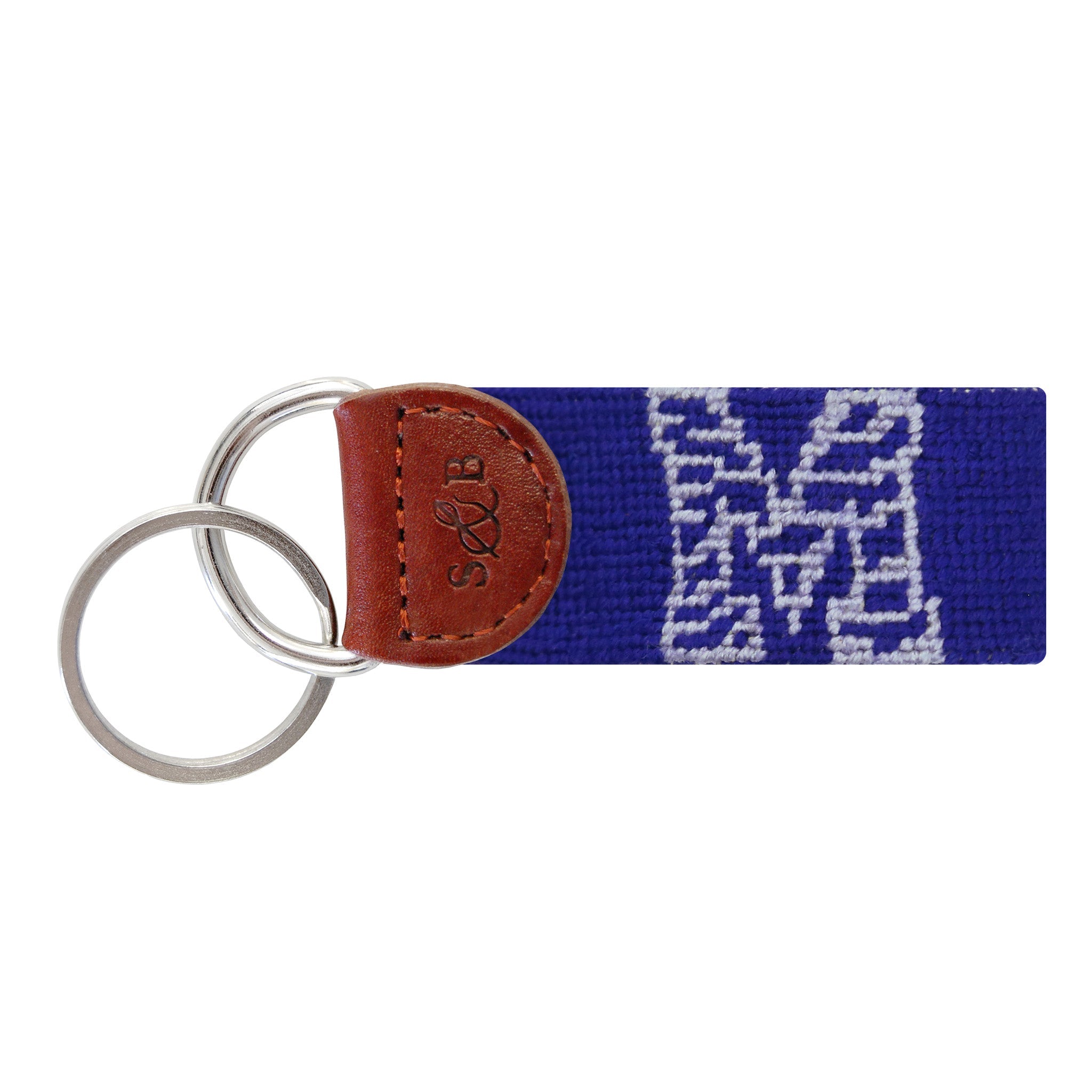 Royal blue needlepoint key fob with the Memphis Tigers “M” and tiger head logo, brown leather trim, and a metal key ring.