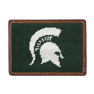 Michigan State Spartan dark pine needlepoint card wallet with Italian leather trim.