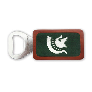 Michigan State Spartan dark pine bottle opener featuring the team's Spartan logo, designed for easy bottle opening.