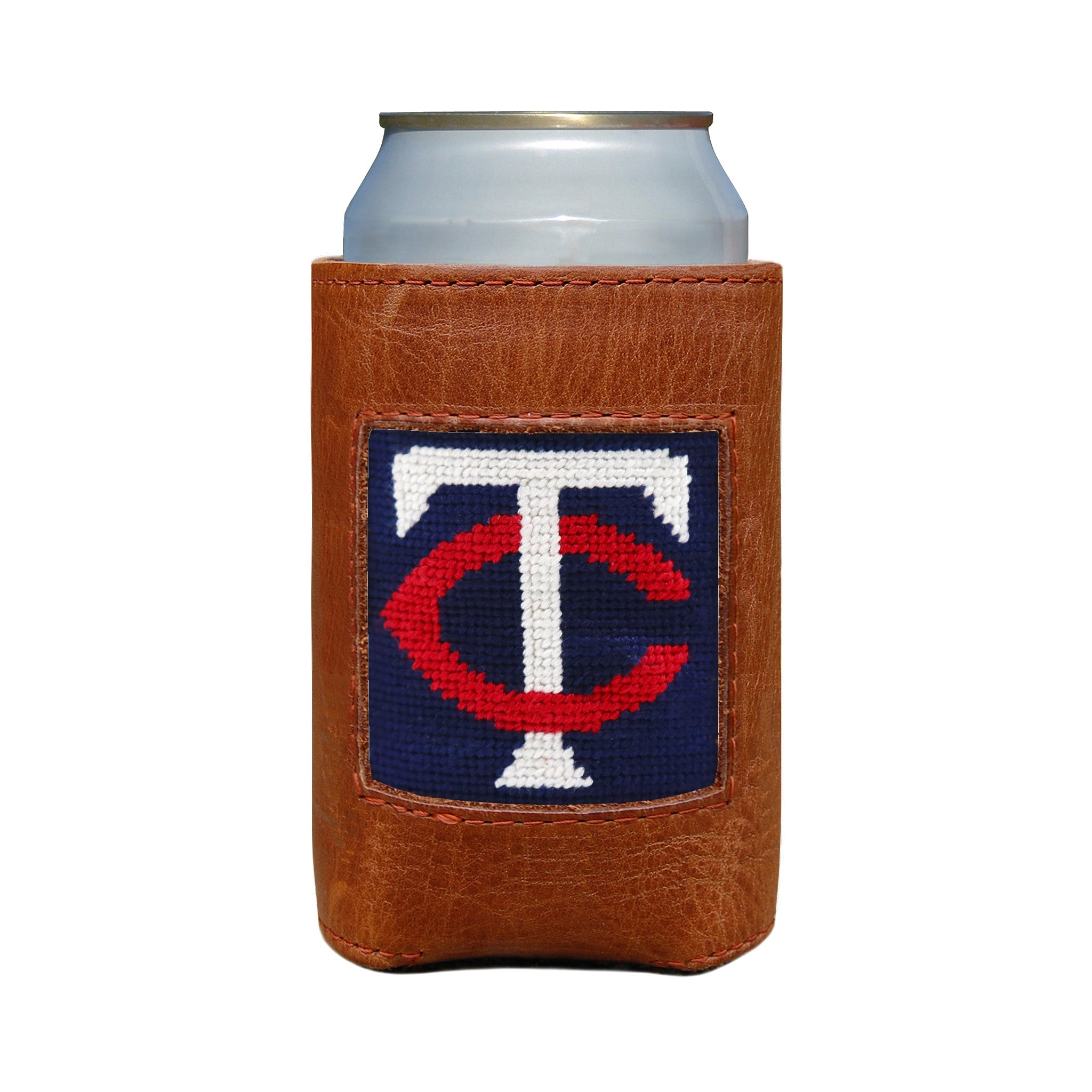 Navy can cooler displaying the red Minnesota Twins “TC” interlocking logo.