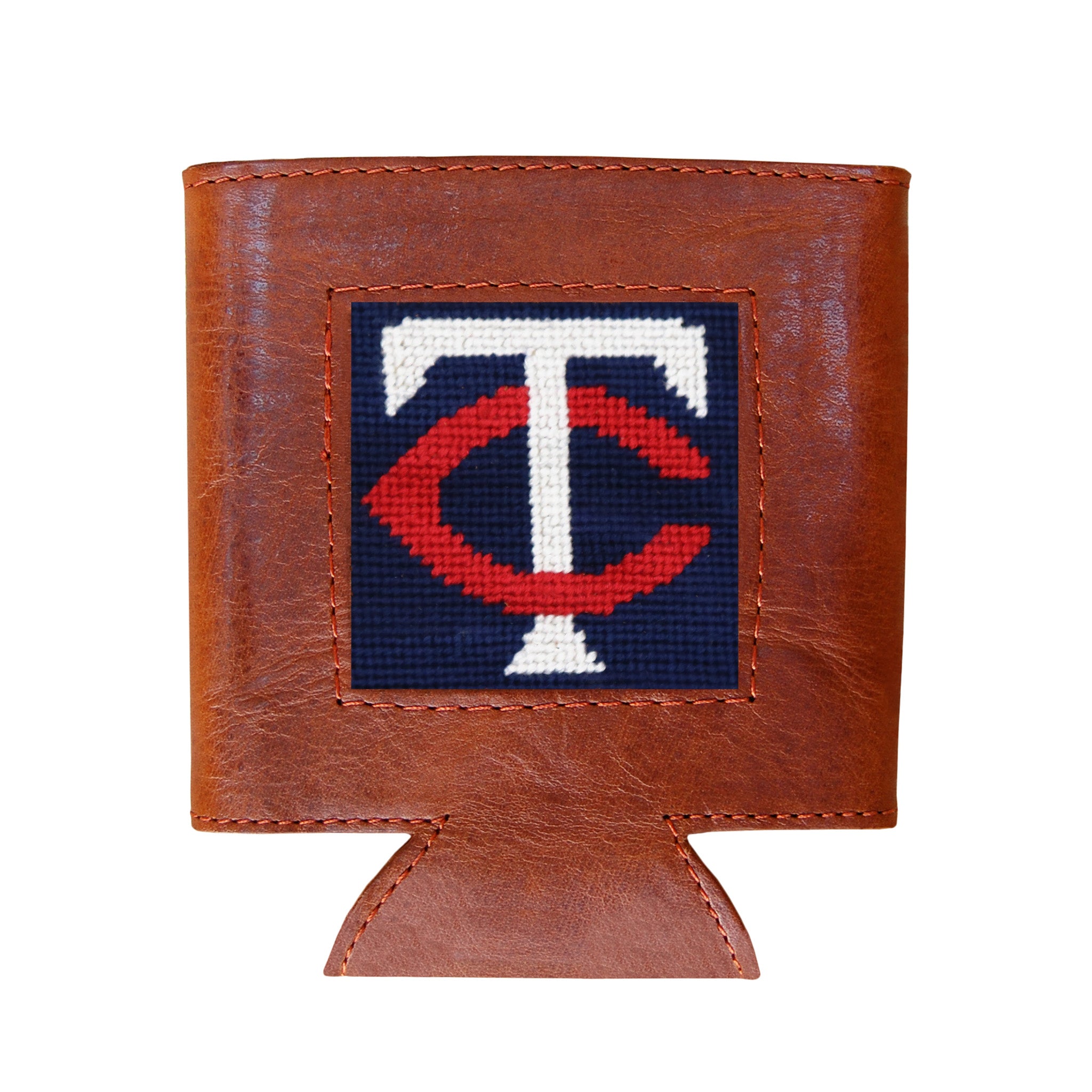 Navy can cooler showing the red Minnesota Twins “TC” logo from a secondary angle.