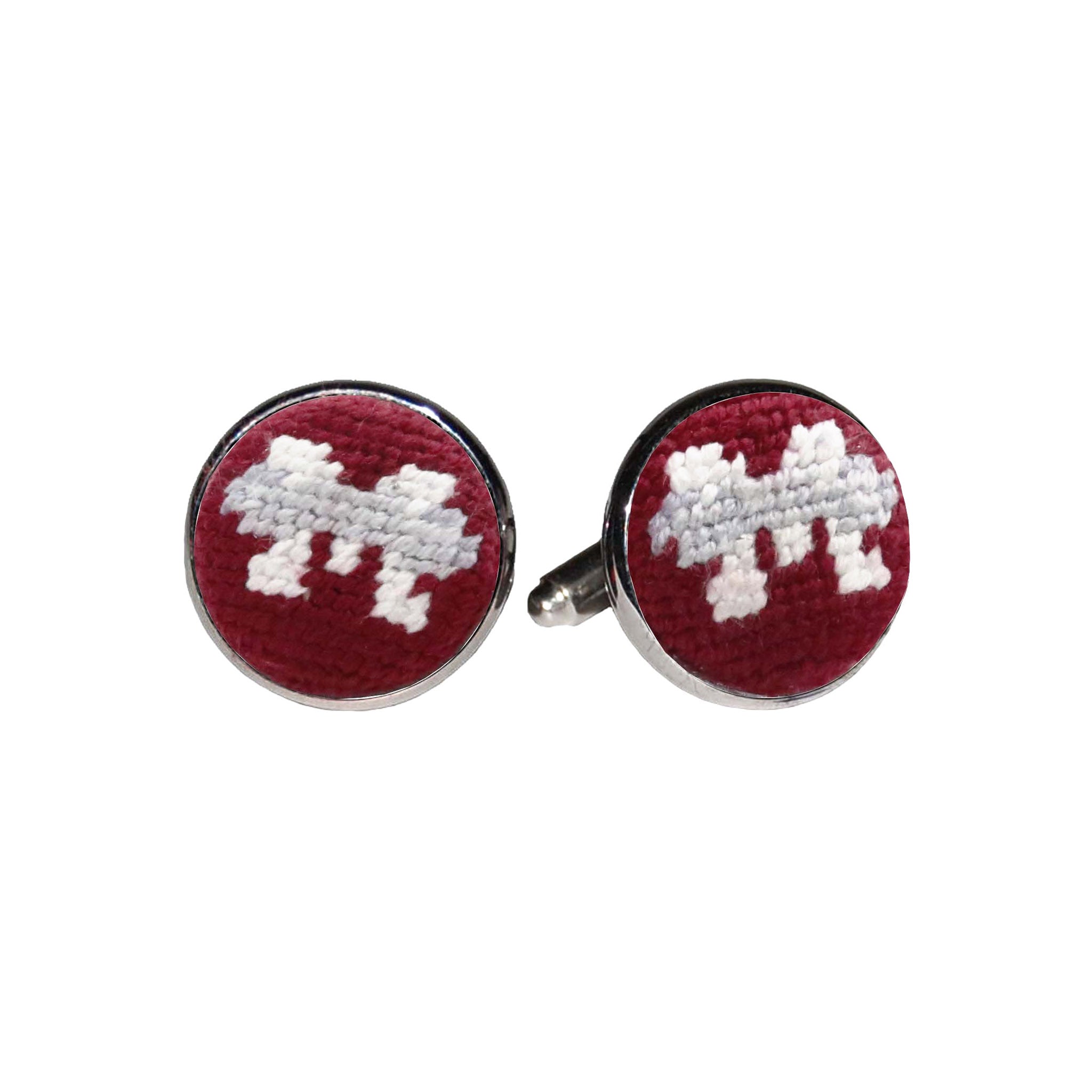 Mississippi State cufflinks with the maroon collegiate logo stitched in needlepoint, set into a silver-plated cufflink.