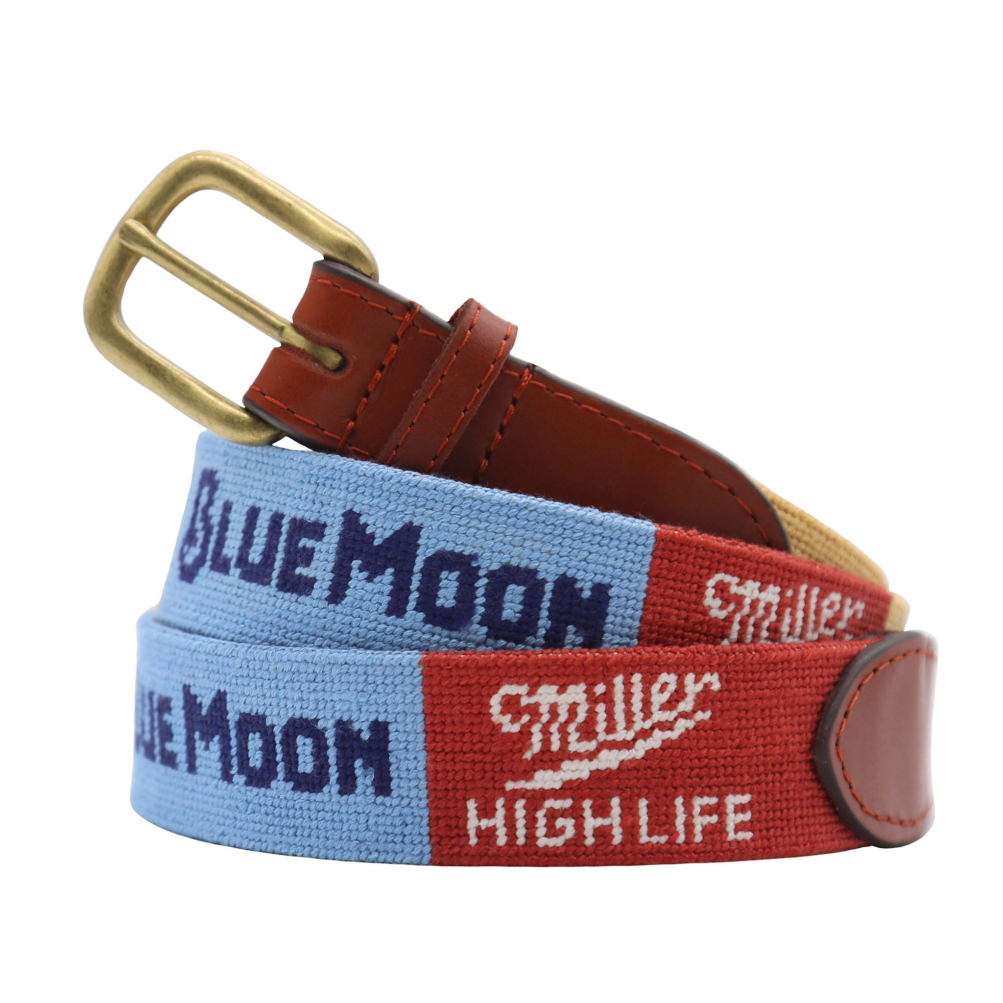 Molson Coors Great American Beer Labels Needlepoint Belt coiled, with brown leather trim and a brass buckle