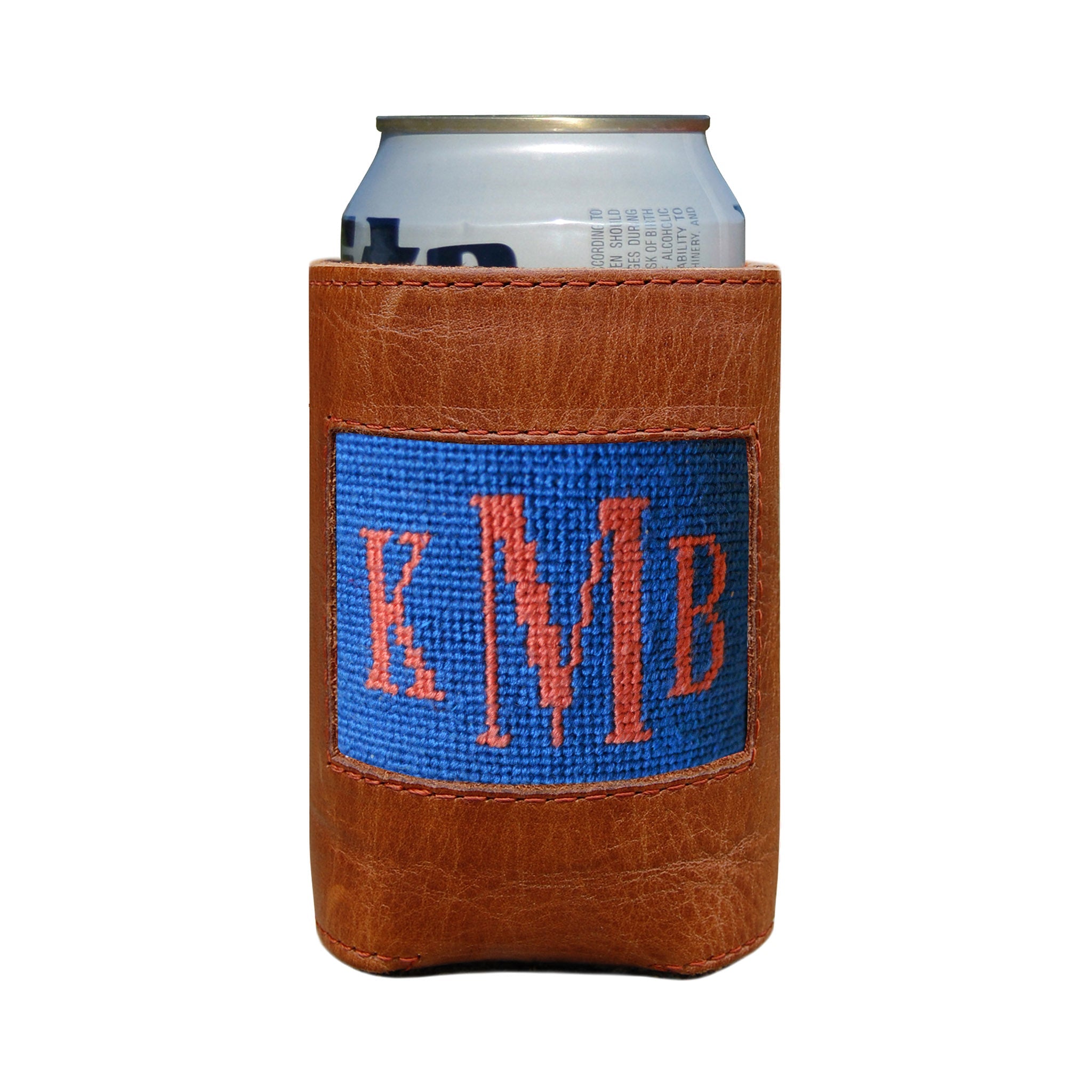 Light blue monogram can cooler displaying white stitched initials from a secondary angle.