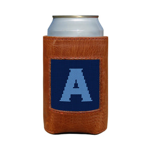 Classic navy and cornflower blue can cooler with the Murphy script letter “A” monogram and white stitching.