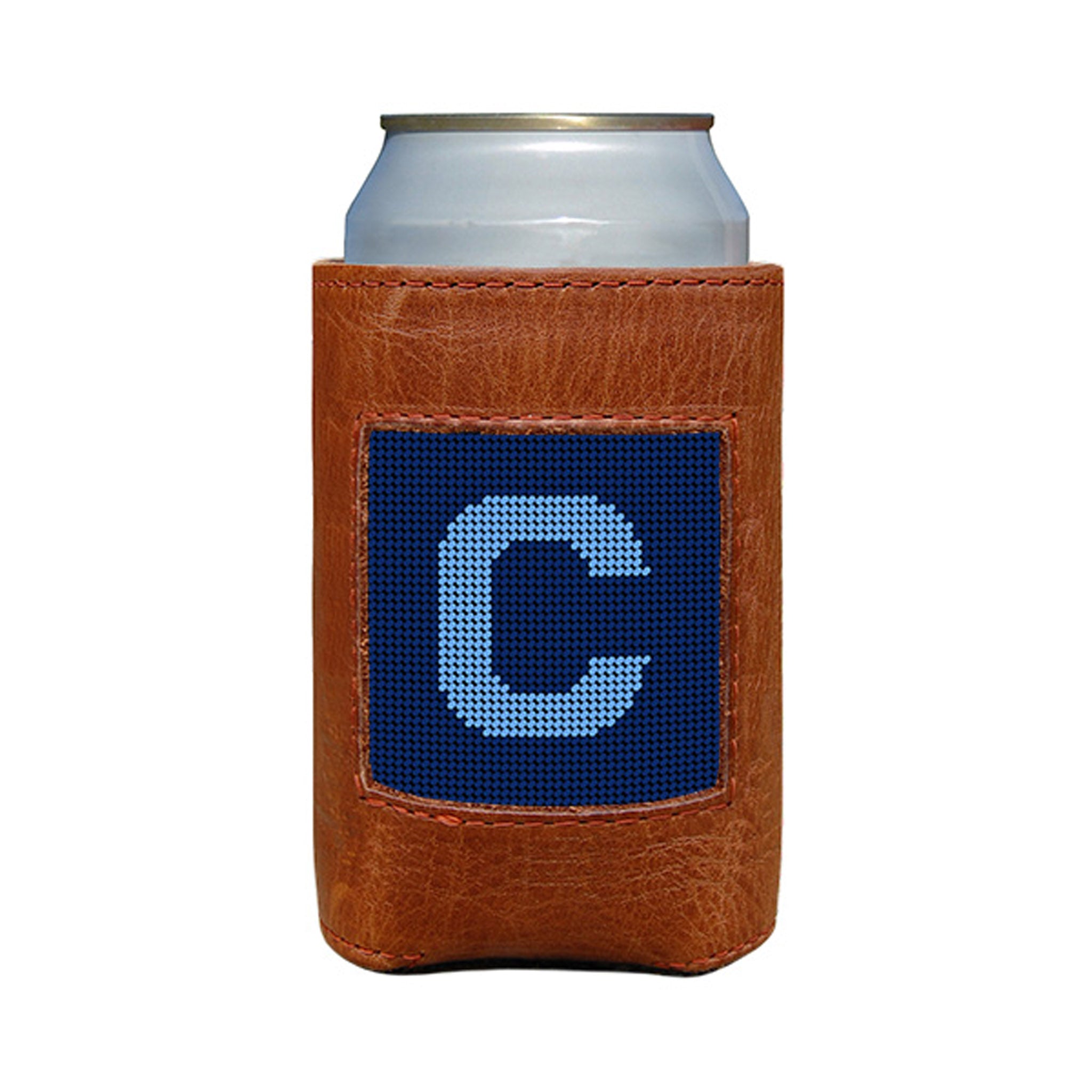 Classic navy and cornflower blue can cooler with the Murphy script letter “C” monogram and white stitching.