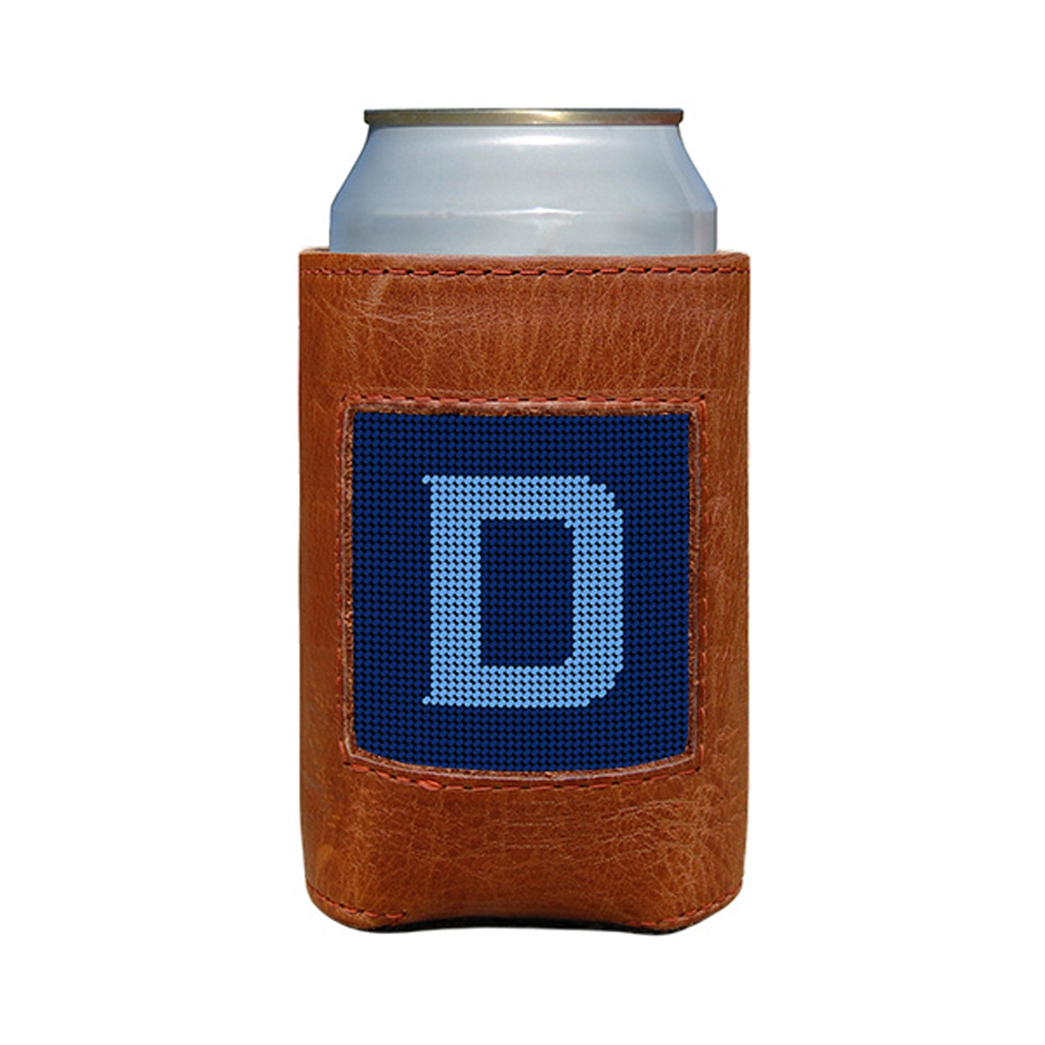 Classic navy and cornflower blue can cooler with the Murphy script letter “D” monogram and white stitching.