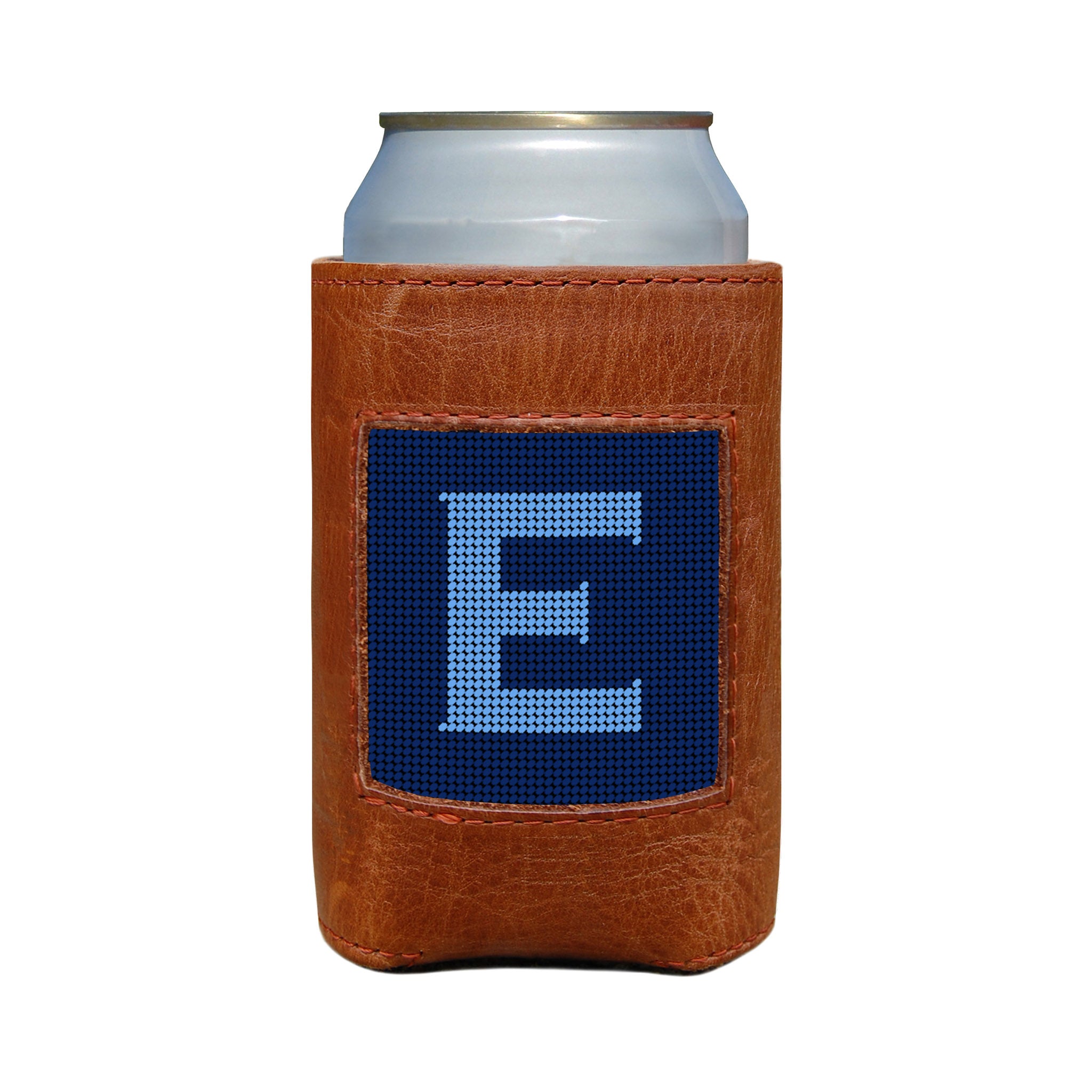 Classic navy and cornflower blue can cooler with the Murphy script letter “E” monogram and white stitching.