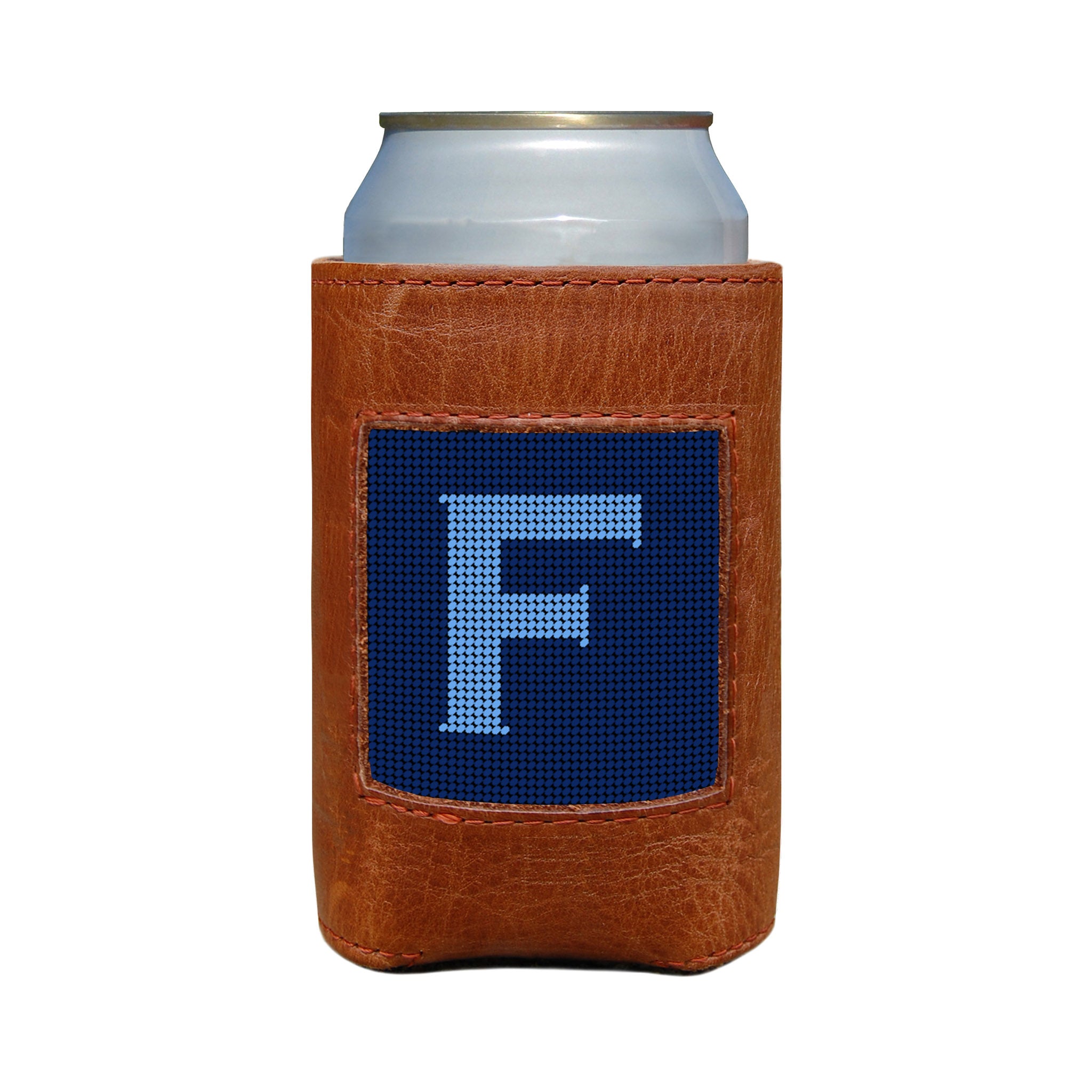 Classic navy and cornflower blue can cooler with the Murphy script letter “F” monogram and white stitching.
