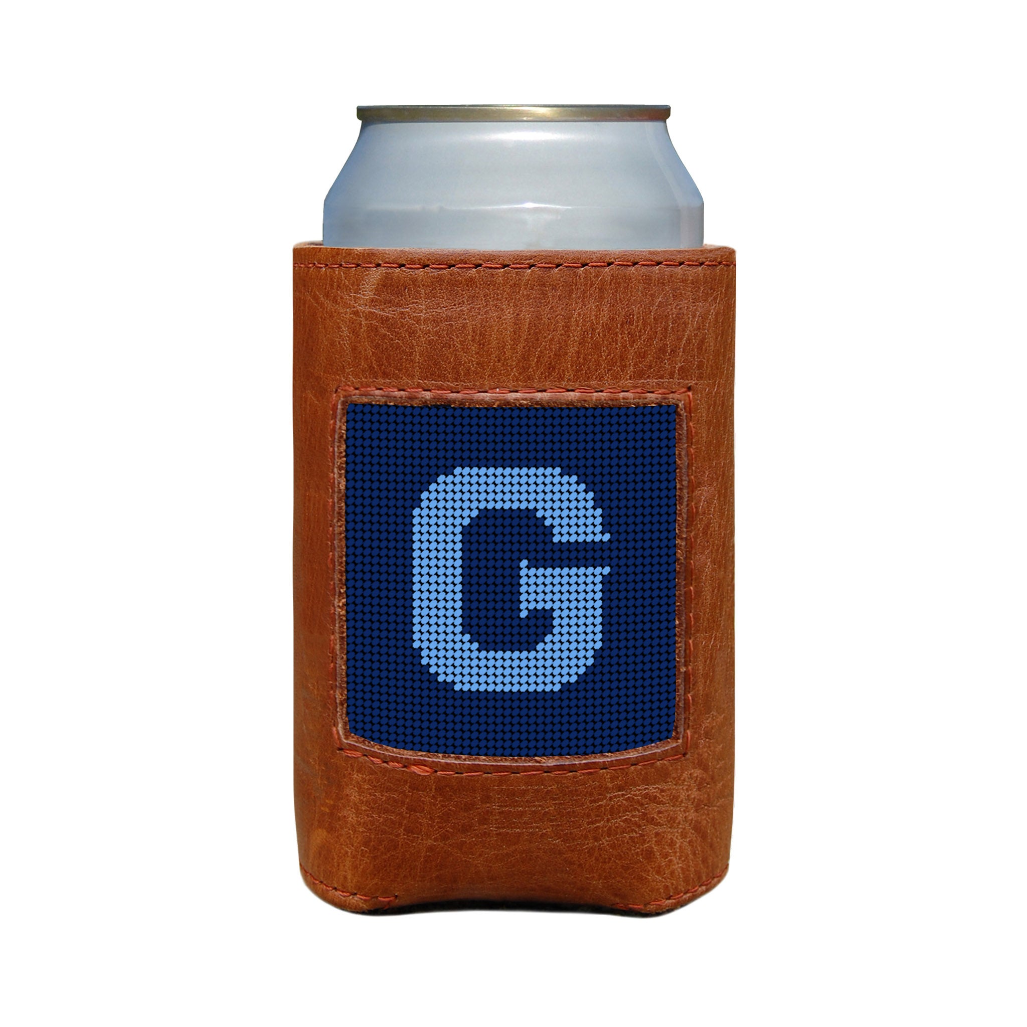 Classic navy and cornflower blue can cooler with the Murphy script letter “G” monogram and white stitching.