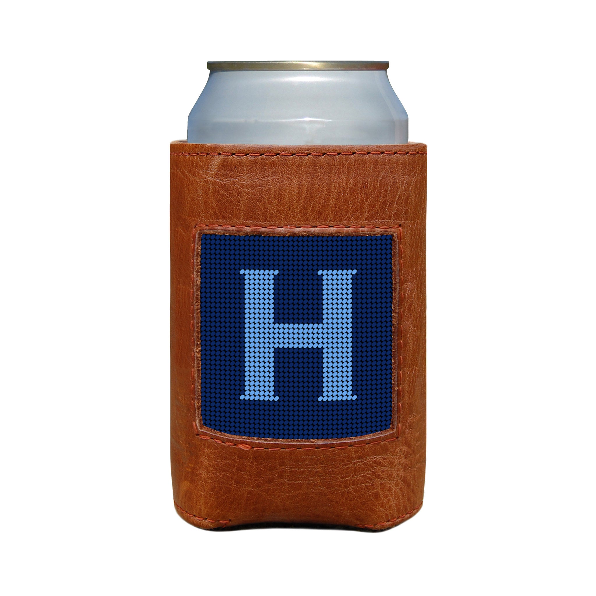Classic navy and cornflower blue can cooler with the Murphy script letter “H” monogram and white stitching.