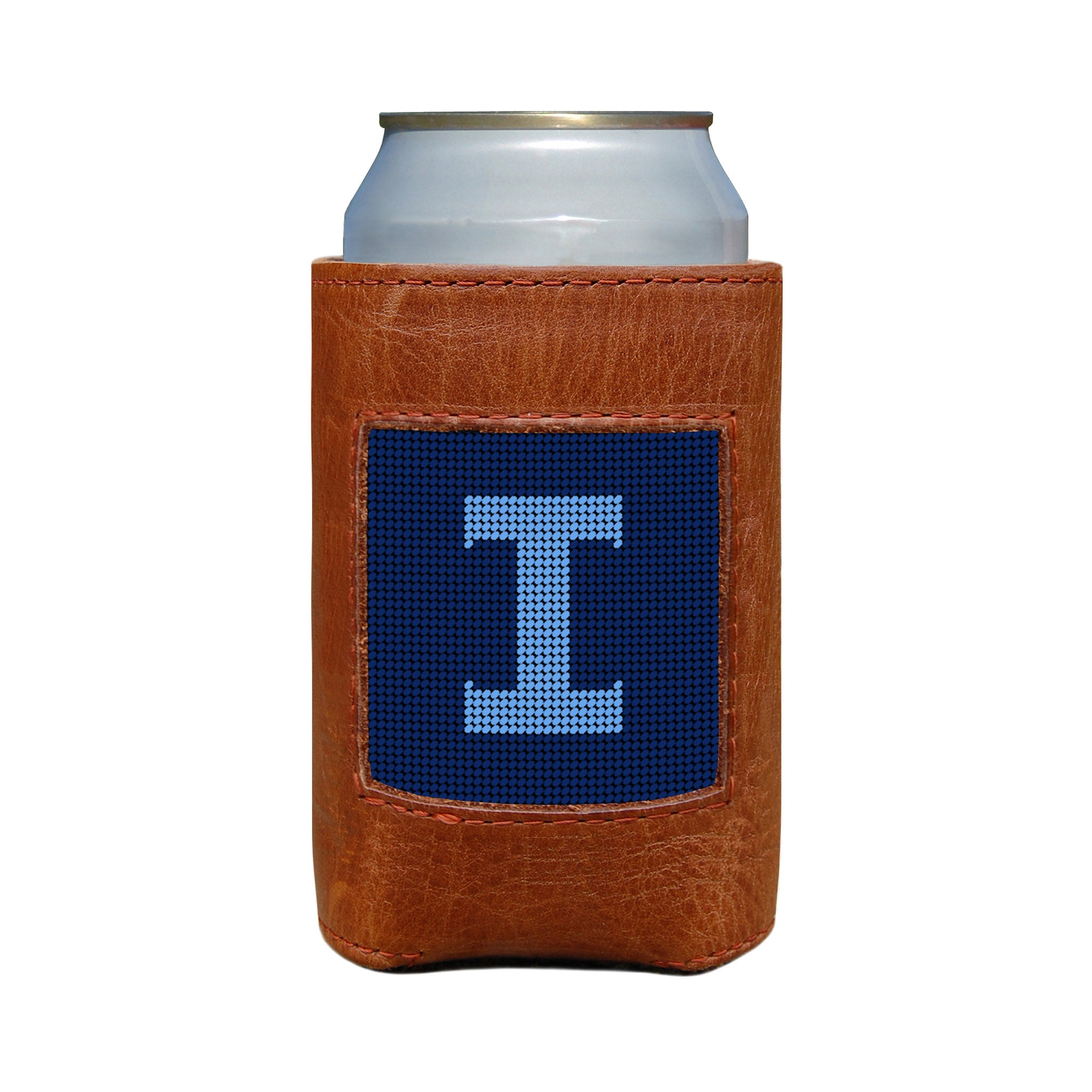 Classic navy and cornflower blue can cooler with the Murphy script letter “I” monogram and white stitching.