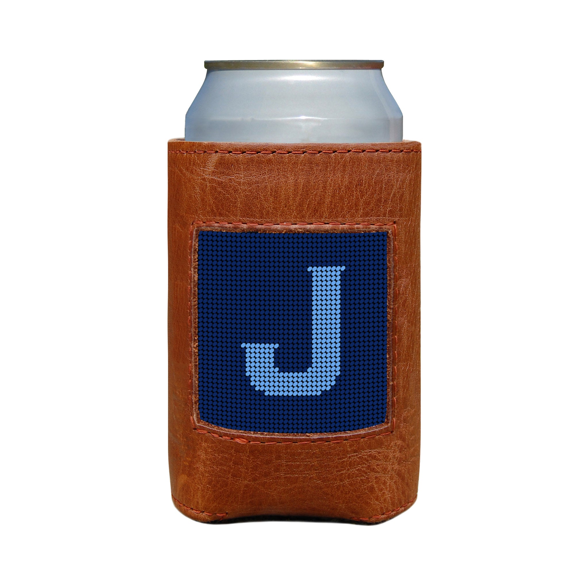 Classic navy and cornflower blue can cooler with the Murphy script letter “J” monogram and white stitching.