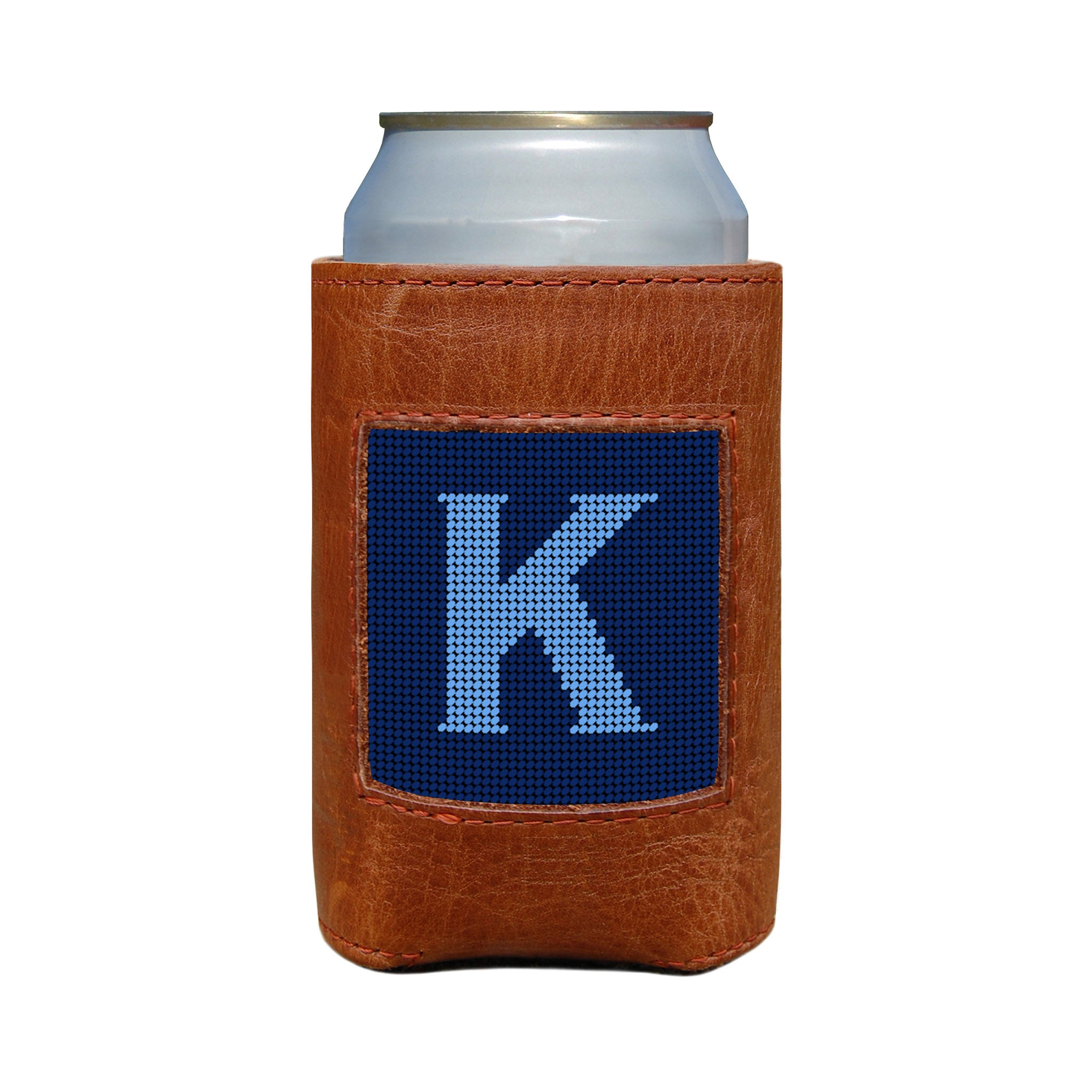 Classic navy and cornflower blue can cooler with the Murphy script letter “K” monogram and white stitching.